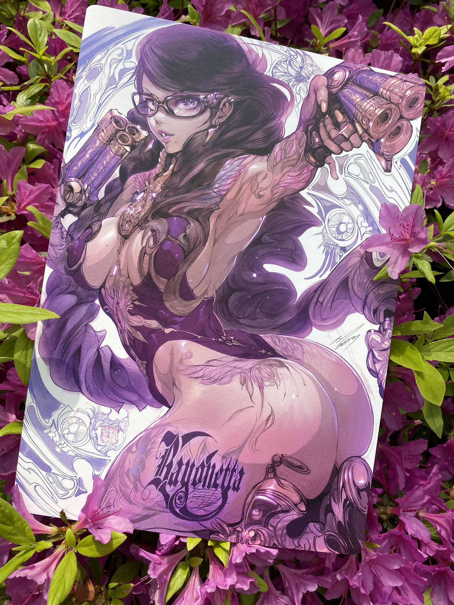 aiming, aiming at viewer, arm tattoo, ass, ass tattoo, bayonetta, bayonetta (character), bayonetta (series), bayonetta 3, big breasts, black hair, breasts, breasts apart, covered nipples, female, glasses, gothic, gothic girl, gradient hair, gun, highres, holding, holding gun, holding weapon, large breasts, leotard, lips, long hair, looking at viewer, medium breasts, mole, mole under eye, mole under mouth, multicolored hair, parkjinsuky, parted lips, photo (medium), purple eyes, purple hair, purple leotard, solo, tattoo, traditional media, twisted torso, very long hair, weapon, witch