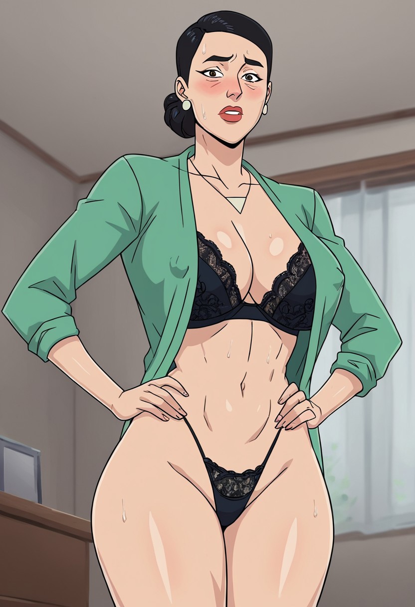ai generated, black hair, breasts, debbie grayson, female, invincible, large breasts, lingerie, meegol, milf, sexy, single bun, thong, waist