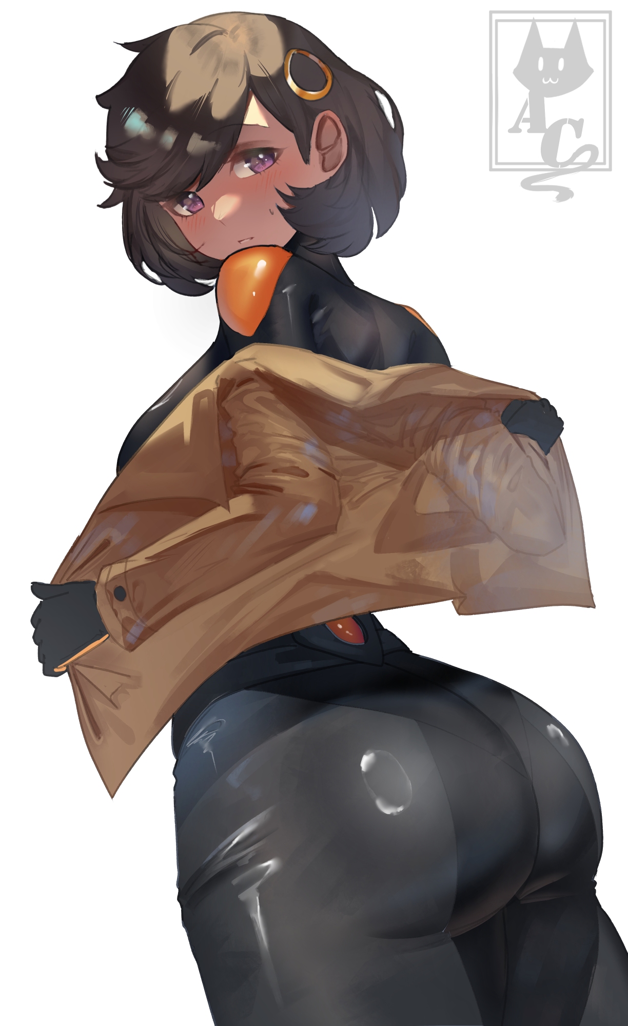 1girls, alley cat, ass, ass focus, big ass, black bodysuit, bodysuit, bodysuit under clothes, booty, brown hair, brown jacket, commentary, cosplay, dark skin, dark-skinned female, emma (pokemon legends: z-a), emma (pokemon), english commentary, fat ass, game freak, gloves, highres, huge ass, jacket, large ass, latex, latex bodysuit, matiere (pokemon legends: z-a), matiere (pokemon), mega stone, multicolored gloves, nintendo, orange gloves, pokemon, pokemon legends: z-a, purple eyes, skin tight, two-tone gloves, undressing, white background