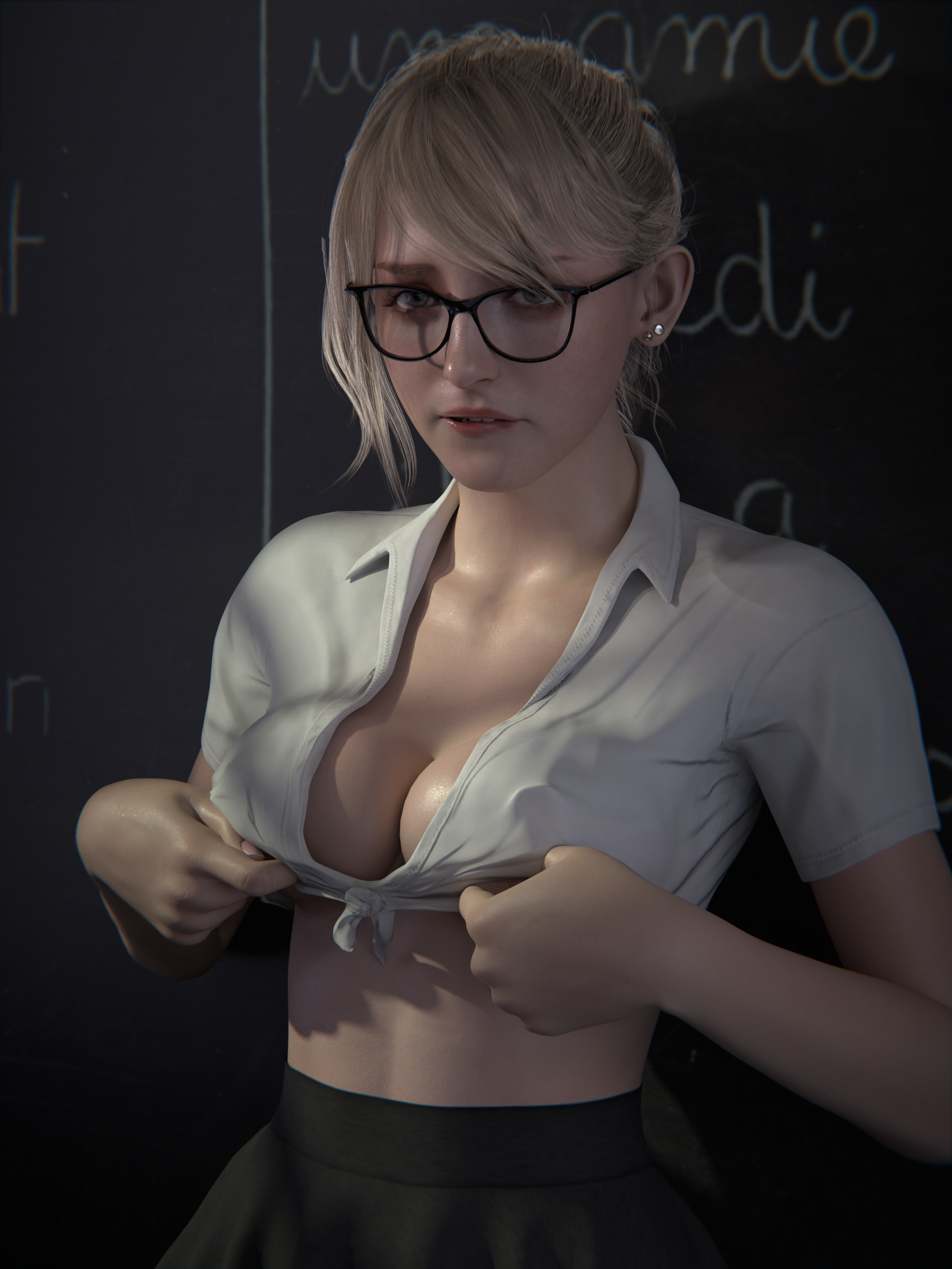 1girls, 3d, ambush3d, ashley graham, belly, blender, blonde hair, breasts, capcom, classroom, crop top, dress, female, glasses, ponytail, resident evil, resident evil 4, resident evil 4 remake, shirt, shirt lift, student, teacher