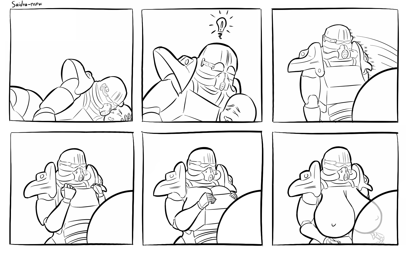 1boy, 1girls, anon, armor, bald, breasts, breasts out, comic, duo, fallout, female, flashing, helmet, huge breasts, human, machine, male, masked, masked female, monochrome, motion lines, nipples, open mouth, power armor, power armor (fallout), saidra, t45 (fallout), text, video games, watermark, white background, white border