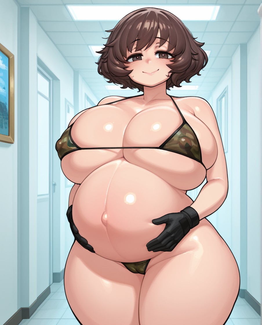 ai generated, akiyama yukari, baxx15, black gloves, blush, body, breasts, breasts bigger than head, brown eyes, brown hair, bursting breasts, cameltoe, camouflage micro bikini, cleavage, covered nipples, curvy, erect nipples under clothes, female, front, gigantic ass, gigantic breasts, gigantic butt, gigantic nipples, gigantic thighs, girls und panzer, hand on belly, hourglass figure, huge breasts, huge butt, huge hips, illustrious (stable diffusion), legs, looking at viewer, pregnant, schoolgirl, sideboob, stable diffusion, standing, sweet smile, thick thigh, underboob, view