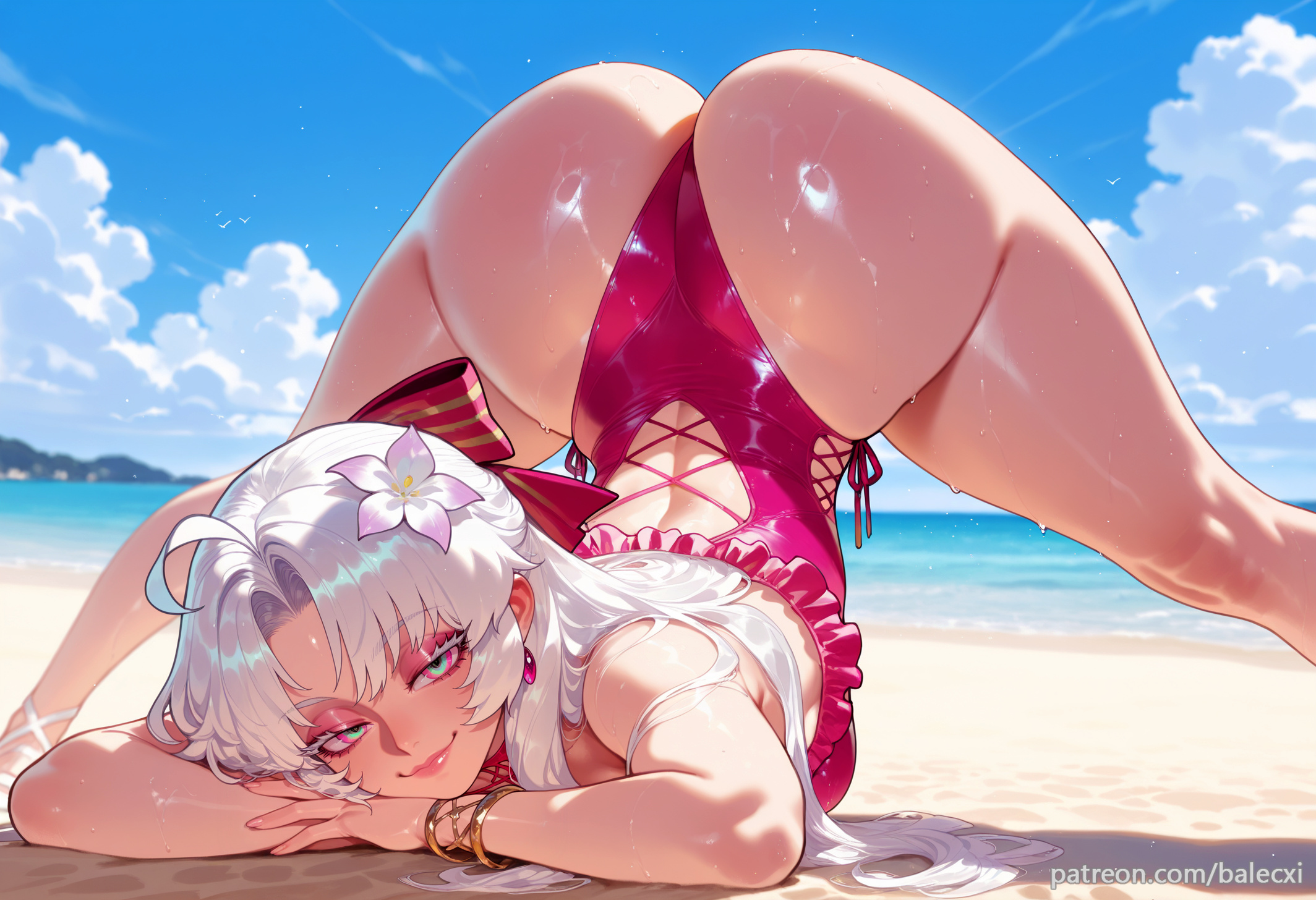 ai generated, ass, balecxi, beach, breasts, carlotta (wuthering waves), closed mouth, day, earrings, female, frills, hair flower, hair ornament, hairbow, highleg, jack-o' challenge, jewelry, long hair, looking at viewer, ocean, one-piece swimsuit, outdoors, patreon username, pink one-piece swimsuit, smile, solo, spread legs, top-down bottom-up, wet, white hair, wuthering waves