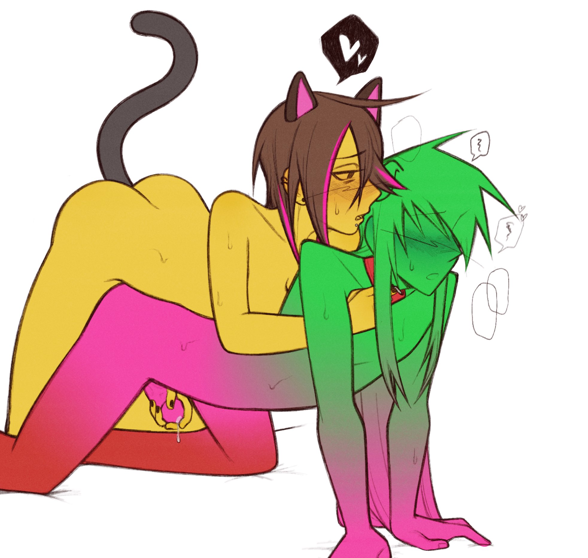black nails, brown hair, cat ears, collar, dog ears, fake animal ears, fake tail, gradient, gradient hair, hair over one eye, hair streak, infected (regretevator), piercings, regretevator, roblox, roblox game, robloxian, snakebite piercing, stylo8b, sweating, tagme, transfem, unpleasant (regretevator), unpleasant gradient, white background, yellow body, yellow skin