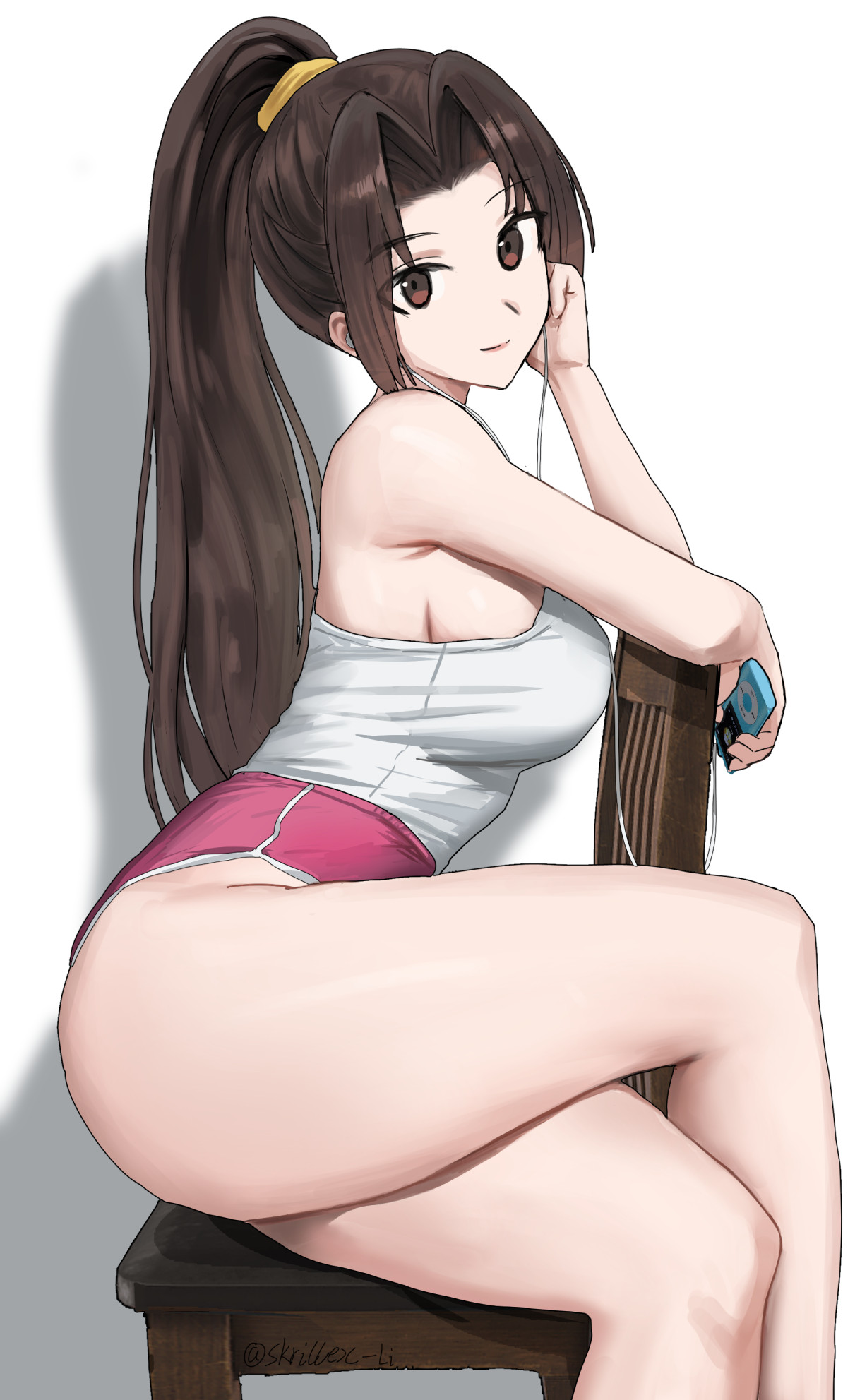 1girls, artist name, ass hanging out of shorts, big thighs, breasts, brown eyes, brown hair, camisole, chair, closed mouth, commentary, crossed legs, digital media player, dolphin shorts, earphones, fatal fury, female, female only, hair intakes, highres, holding, huge thighs, ipod, ipod nano, ipod nano 4g, large breasts, large thighs, long hair, looking at viewer, mai shiranui, mai shiranui (casual), mai shiranui (street fighter 6), micro shorts, on chair, open mouth, pink shorts, ponytail, purple z, short shorts, shorts, sideboob, simple background, sitting, sitting backwards, skrillex li, snk, solo, street fighter, street fighter 6, thick thighs, thighs, thunder thighs, white background, white camisole, wooden chair