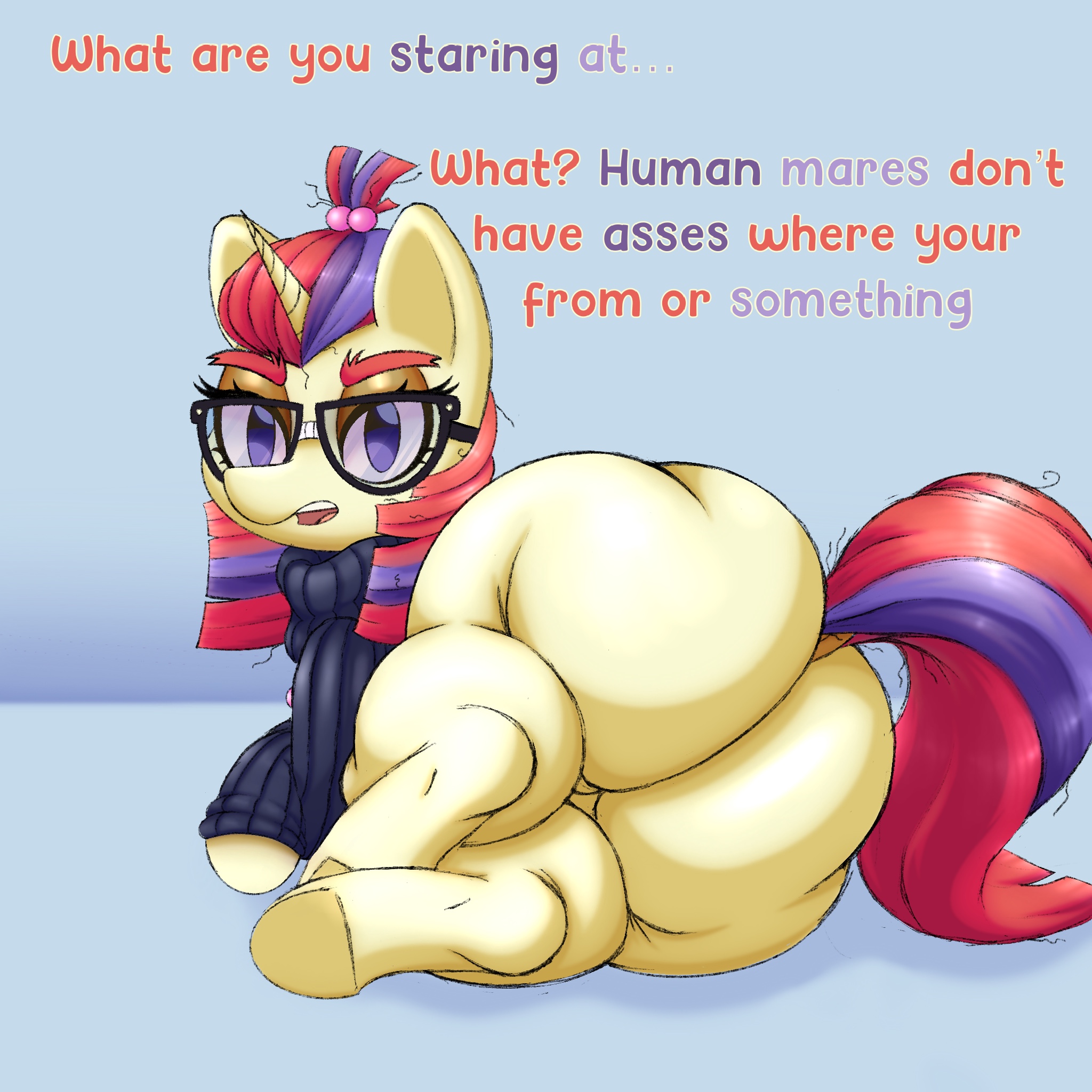 1girls, ass, behind view, big ass, big butt, blue background, bottomless, bubble butt, clothing, curvaceous, curvy, curvy figure, dialogue, english text, equine, female, female only, feral, friendship is magic, glasses, hasbro, horn, huge ass, long hair, looking at viewer, looking back, looking back at viewer, messy hair, moondancer (mlp), mostly nude, multicolored hair, my little pony, neet, on side, open mouth, pony, purple eyes, purple hair, red hair, solo, solo female, sweater, tail, talking to viewer, text, theboneapple, thick thighs, unicorn, voluptuous, voluptuous female, wide hips