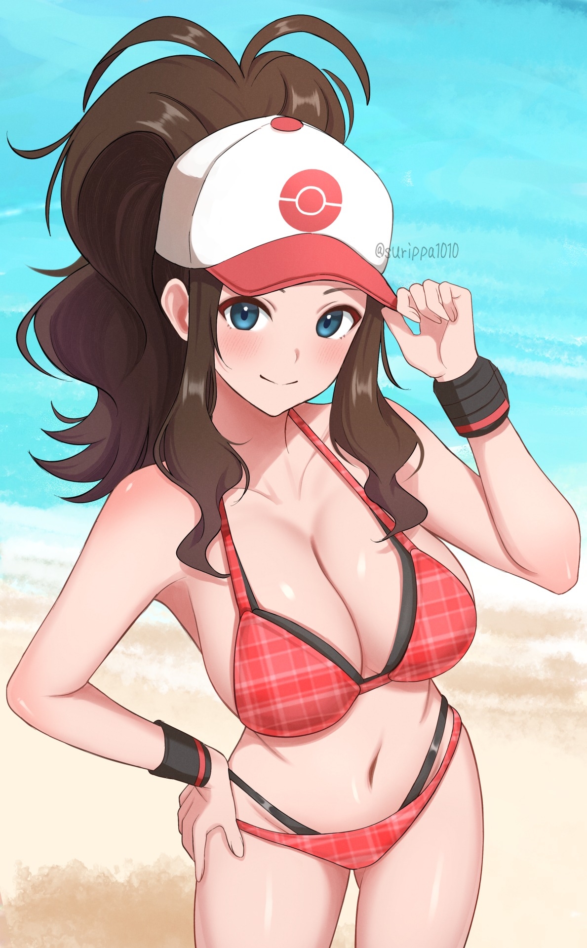1girls, alternate breast size (larger), beach, bikini, blue eyes, breasts, brown hair, closed mouth, collarbone, commentary request, female, female only, game freak, hat, highres, hilda (pokemon), large breasts, long hair, looking at viewer, navel, nintendo, outdoors, pokemon, pokemon bw, ponytail, red bikini, smile, solo, standing, surippa1010, swimsuit, thighs, twitter username, white hat