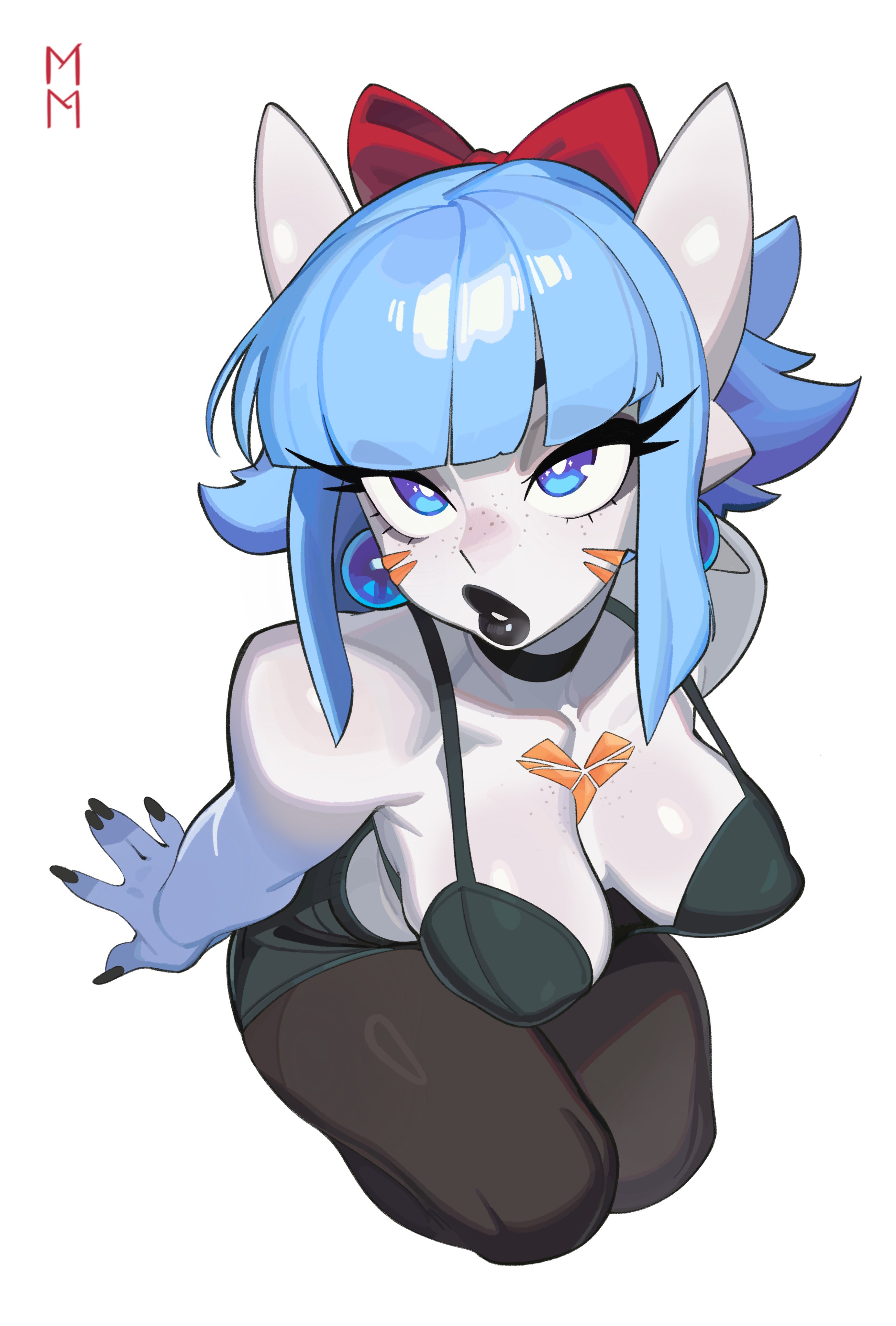1girls, absurd res, anthro, black lipstick, black nails, blue eyes, blue hair, breasts, choker, earrings, eliza (jollysart), eyelashes, female, female only, freckles, gardevoir, generation 3 pokemon, hair ribbon, kneeling, looking at viewer, marsupialman, nintendo, pantyhose, pokemon, pokemon (species), shiny gardevoir, shiny pokemon, solo, tank top, viewed from above, white background
