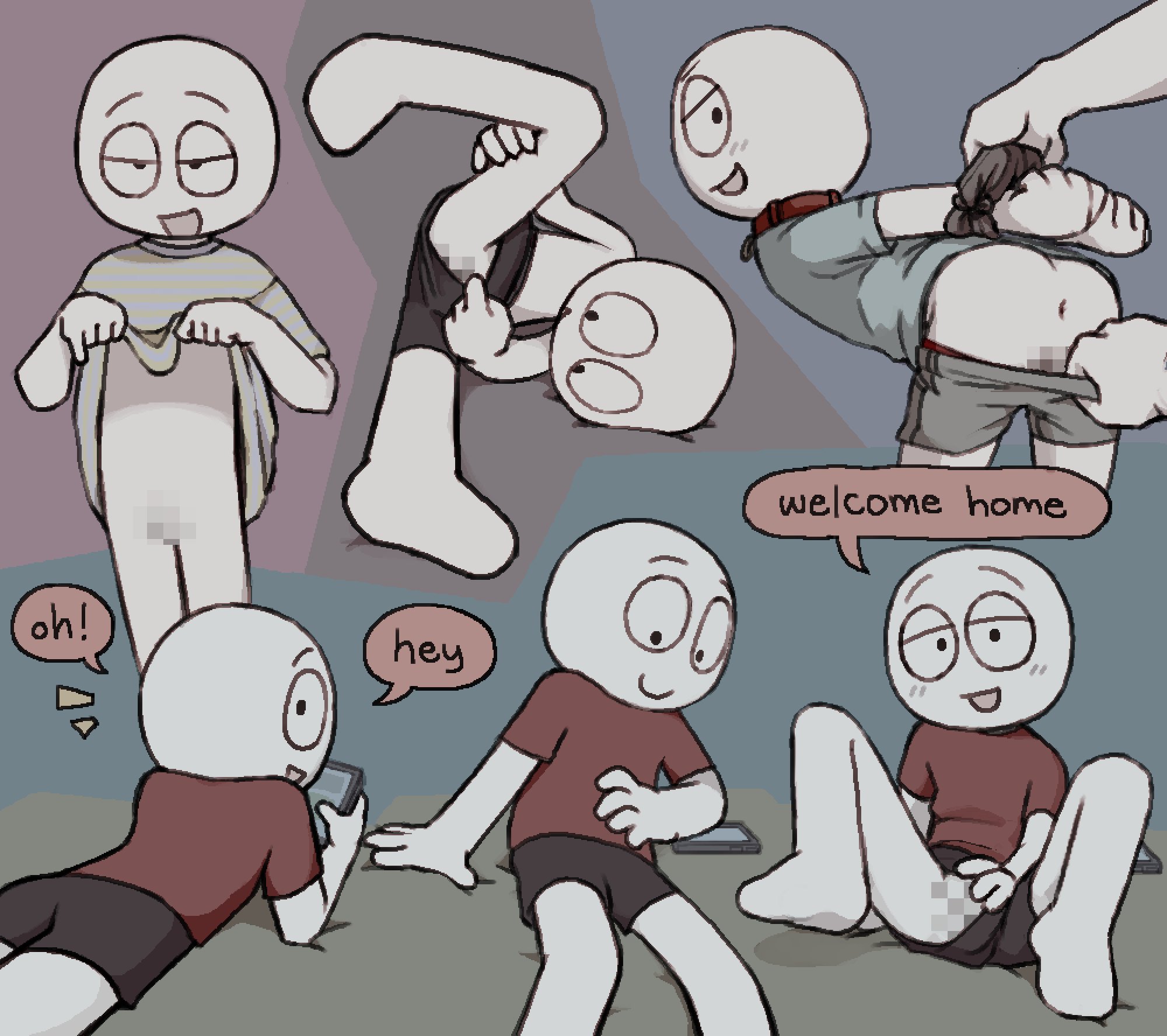 alex (homunculus), androgynous, anus, bent over, bound wrists, censored, censored genitalia, clothed, collage, dog collar, homunculus100, mosaic censoring, no panties, original, presenting, shirt lift, shorts, shorts aside, shorts down, shorts pull, solo