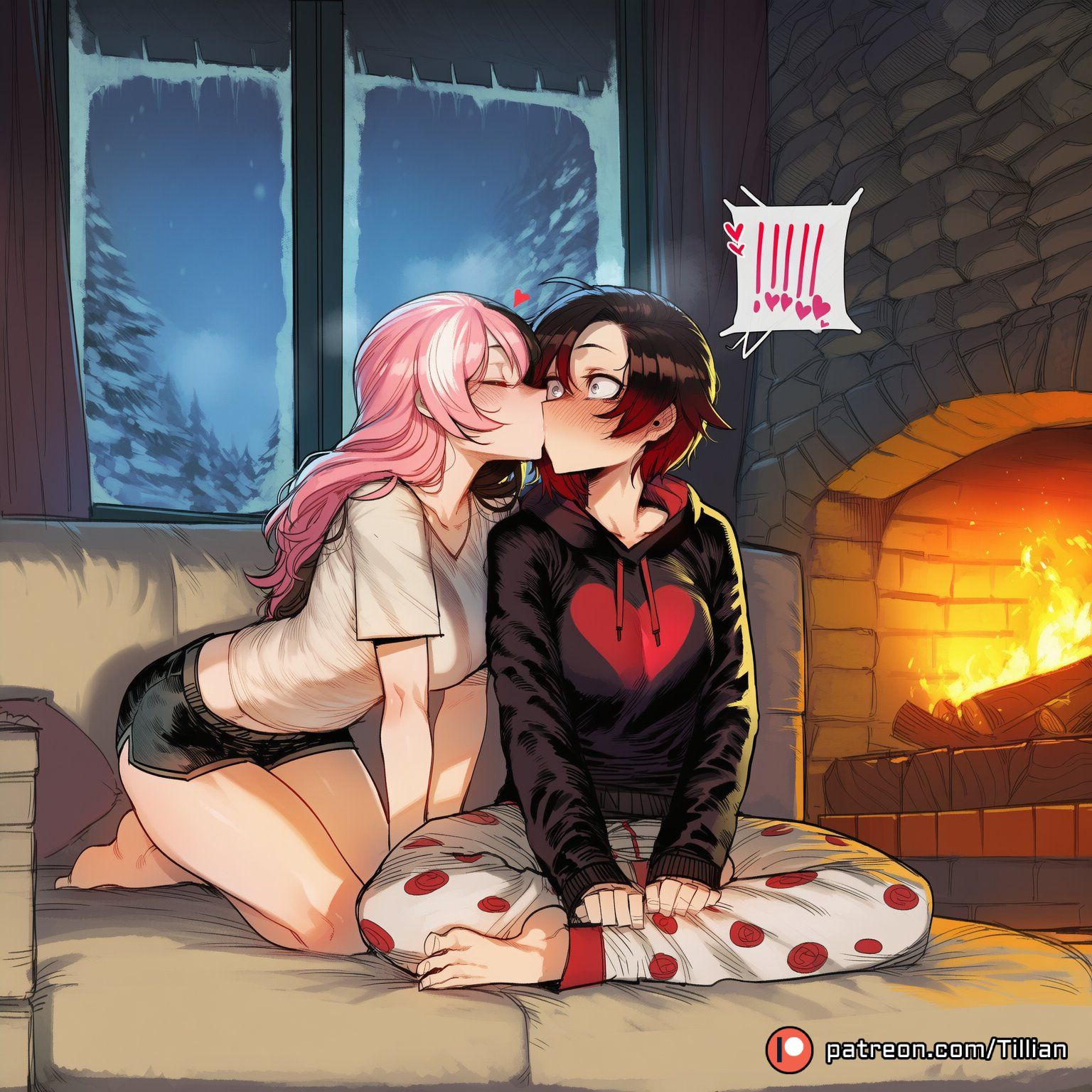 !, !!, !?, 2girls, ahoge, ai generated, artist name, barefoot, black hair, black hoodie, black shorts, blush, breasts, campfire, closed eyes, constricted pupils, couch, crossed legs, curtains, dolphin shorts, drawstring, female, female only, fire, fireplace, gradient hair, grey eyes, heart, hood, hood down, hoodie, indian style, indoors, kissing, kissing cheek, kneeling, long hair, long sleeves, medium breasts, multicolored hair, multiple females, multiple girls, neopolitan (rwby), night, pants, patreon logo, patreon username, pine tree, pink hair, red hair, ruby rose, rwby, shirt, short hair, short shorts, short sleeves, shorts, sitting, snow, snowing, speech bubble, spoken blush, spoken exclamation mark, spoken heart, surprise kiss, surprised, tillian, tree, two-tone hair, web address, white shirt, wide-eyed, window, yuri
