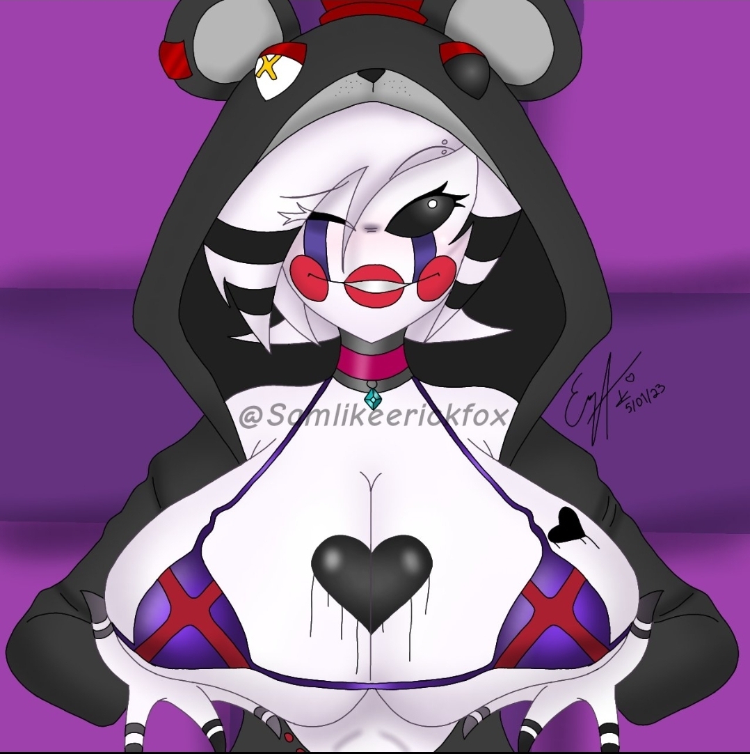 1girls, bra, breasts, choker, cryptiacurves, fazclaire's nightclub, female, female only, five nights at freddy's, fredina's nightclub, holding breast, huge breasts, lefty (fnaf), marie (cally3d), marionette (fnaf), onesie, onesie open, puppet (fnaf), samlikeerickfox, signature, smiling at viewer, smug, solo, tagme, white body, white hair, white pupils, white skin, wink, winking, winking at viewer