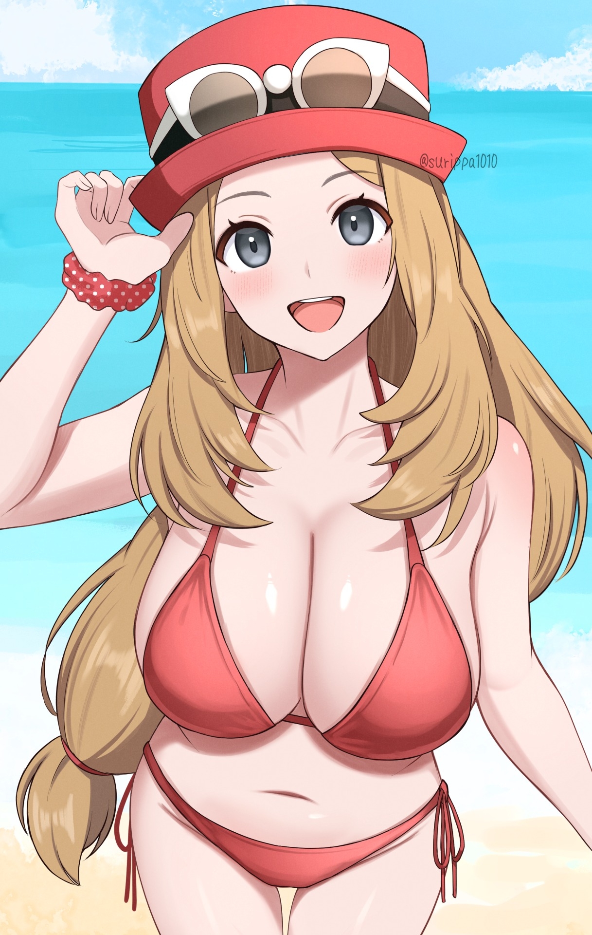 1girls, bikini, blonde hair, blue sky, breasts, cleavage, cloud, day, eyewear on headwear, female, female only, game freak, grey eyes, hat, highres, large breasts, looking at viewer, navel, nintendo, ocean, open mouth, outdoors, pokemon, pokemon xy, red bikini, red hat, scrunchie, serena (pokemon games), serena (pokemon), side-tie bikini bottom, sky, smile, solo, stomach, sunglasses, surippa1010, swimsuit, teeth, upper teeth only, white-framed eyewear, wrist scrunchie