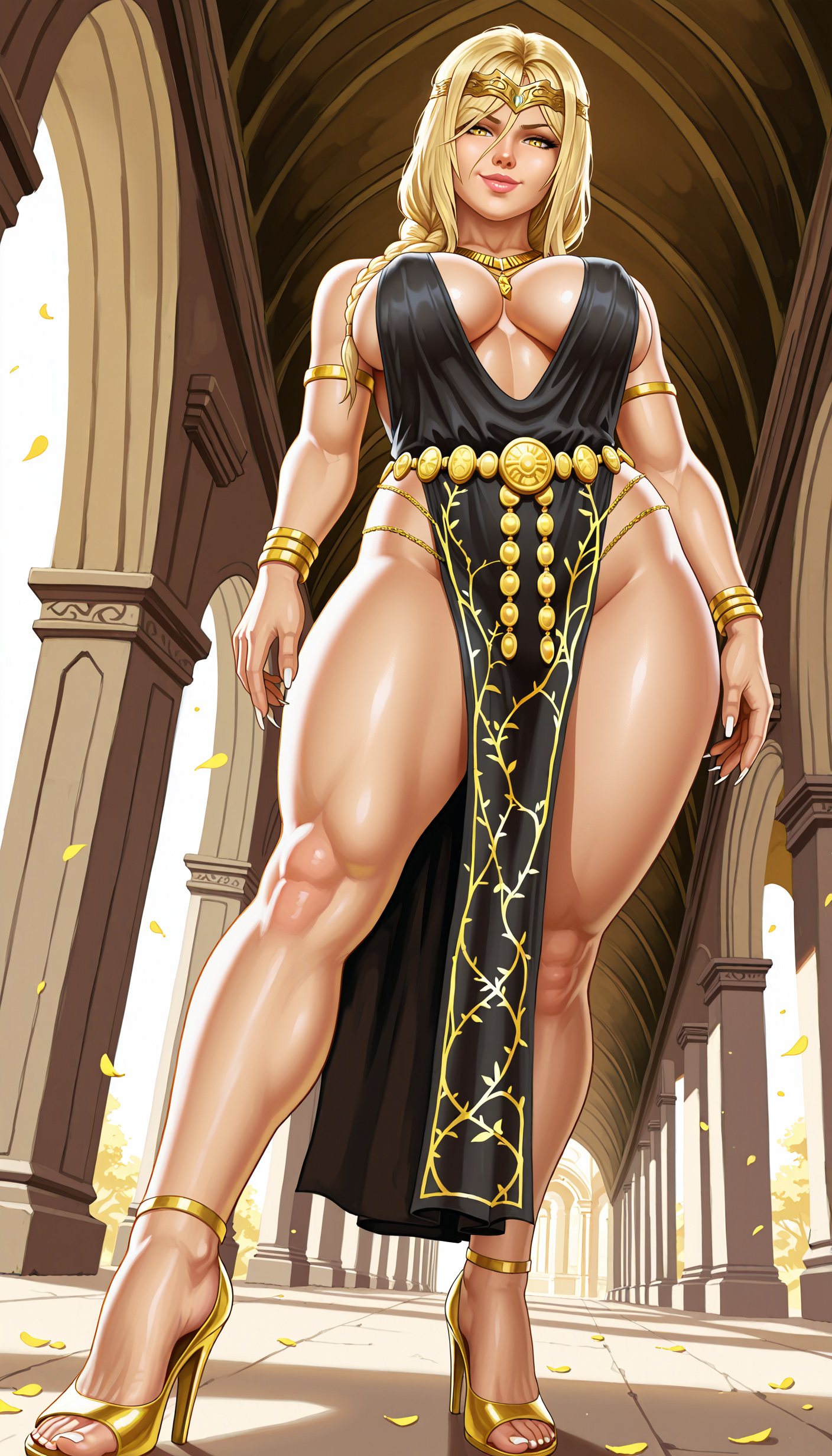 ai generated, armlet, bandai namco, bangle, blonde hair, braid, breasts, dress, elden ring, female, female focus, female only, fromsoftware, high heels, jewelry, large breasts, long fingernails, long hair, looking at viewer, plunging neckline, queen marika the eternal, saraserah, solo, solo female, solo focus, thick thighs, thighs, wrist cuffs, yellow eyes