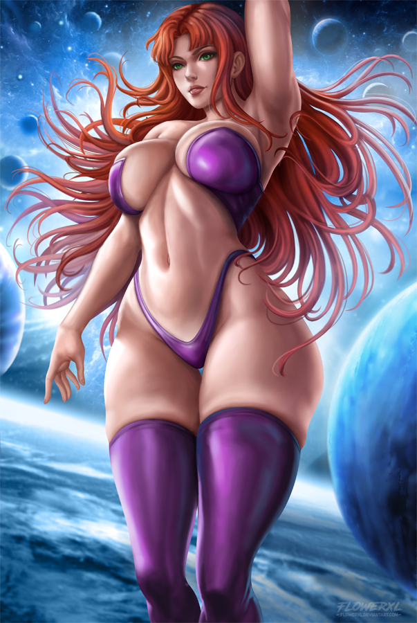 1girls armpit artist_logo artist_signature bikini boots breasts brown_lipstick cleavage dc feet female female_only flowerxl front_view green_eyes huge_breasts in_space koriand'r light-skinned_female light_skin looking_at_viewer midriff new_52 off_the_ground only_female planets purple_high_heels purple_panties solo space space_background starfire tamaranean teen_titans thick_thighs thighhighs very_long_hair