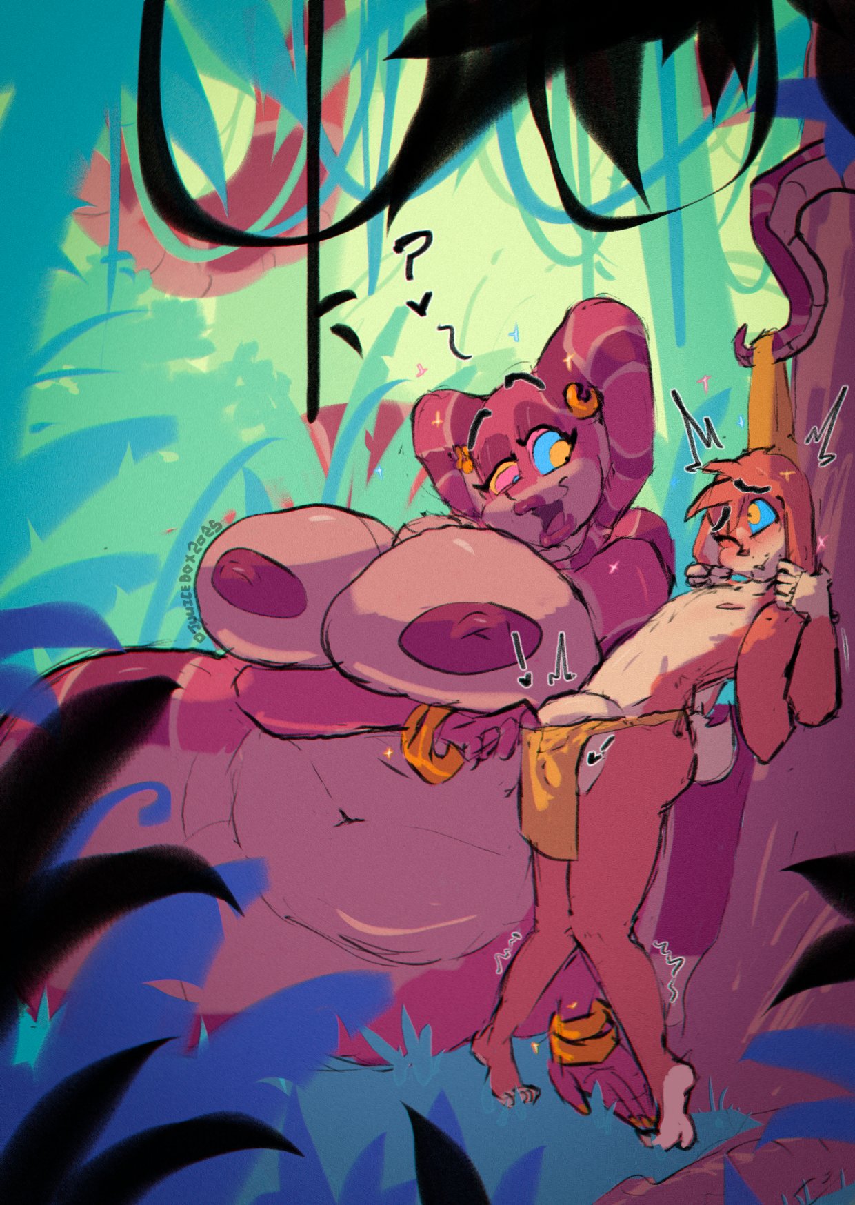 1boy, 1girls, anthro, areolae, big breasts, bigger female, bimbo lips, blush, bracelets, breasts, djuuicebox, earrings, eye contact, eyebrows raised, female, floppy ears, hi res, huge breasts, hypnosis, kaa eyes, lagomorph, lamia, leporid, male, naga, nipples, one eye closed, penis, penis peek, size difference, smile, snake, tama (djuuicebox), thong, thong pull