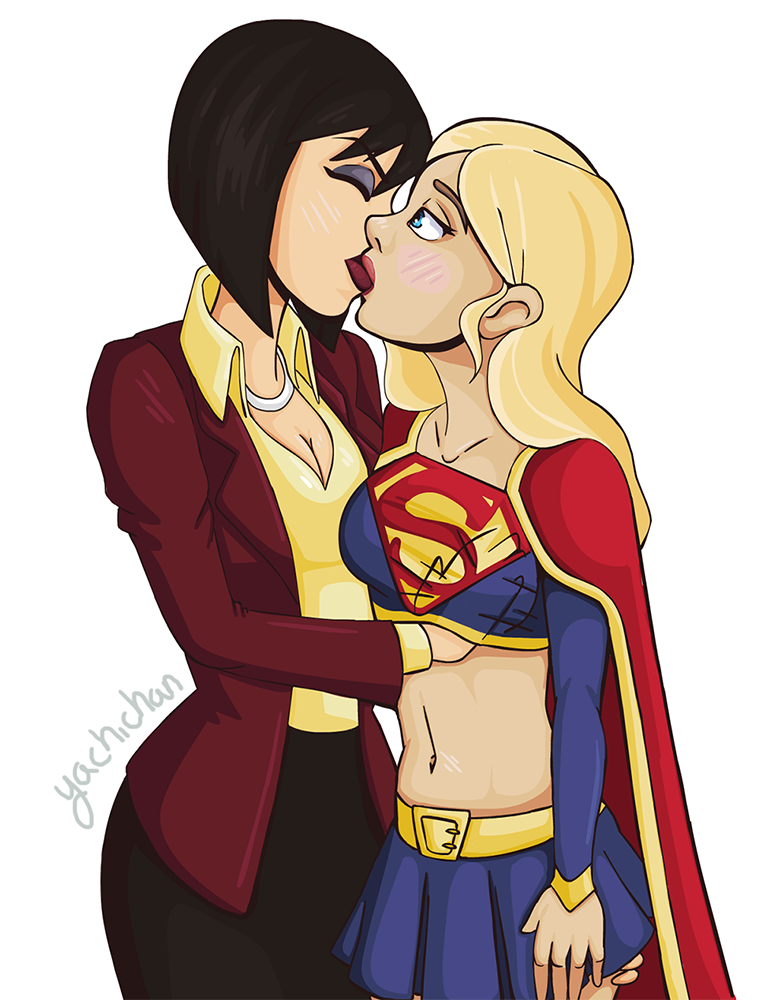 2girls beltskirt black_hair blonde_hair blue_eyes blue_skirt breast_grab breasts cleavage closed_eyes curvy dc dc_comics dcuaom female female_only fully_clothed hand_in_shirt hand_on_ass hand_on_breast highres kara_zor-el kissing large_breasts lesbians lois_lane long_hair looking_at_another multiple_girls short_hair skirt standing supergirl superman:_unbound superman_(series) surprised yachichan yellow_belt yuri