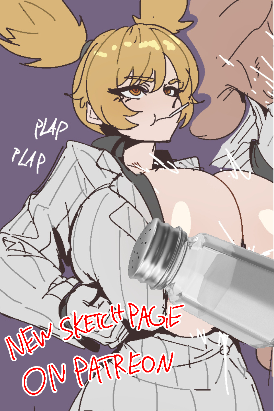 1g, annoyed expression, blonde female, blonde hair, breasts, female, huge breasts, light skin, light-skinned female, momokusa yomogi, salt, saltbutt1, tougen anki, wip