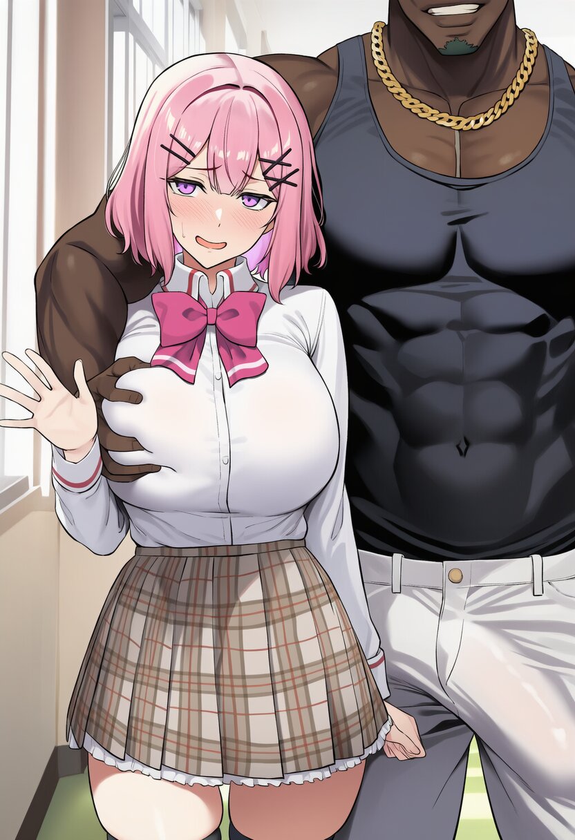 1boy1girl, ai generated, amaori renako, arm around shoulder, blush, breast grab, breasts, bulge, cheating, closed eyes, cuckold, dark skin, dark-skinned male, erection under clothes, female, height difference, huge breasts, imminent sex, interracial, large breasts, lesbian correction, lesbian with male, light skin, light-skinned female, male, muscular, muscular male, nervous, nervous smile, netorare, ntr, school uniform, shy, size difference, very dark skin, very muscular, watashi ga koibito ni nareru wake naijan murimuri, waving