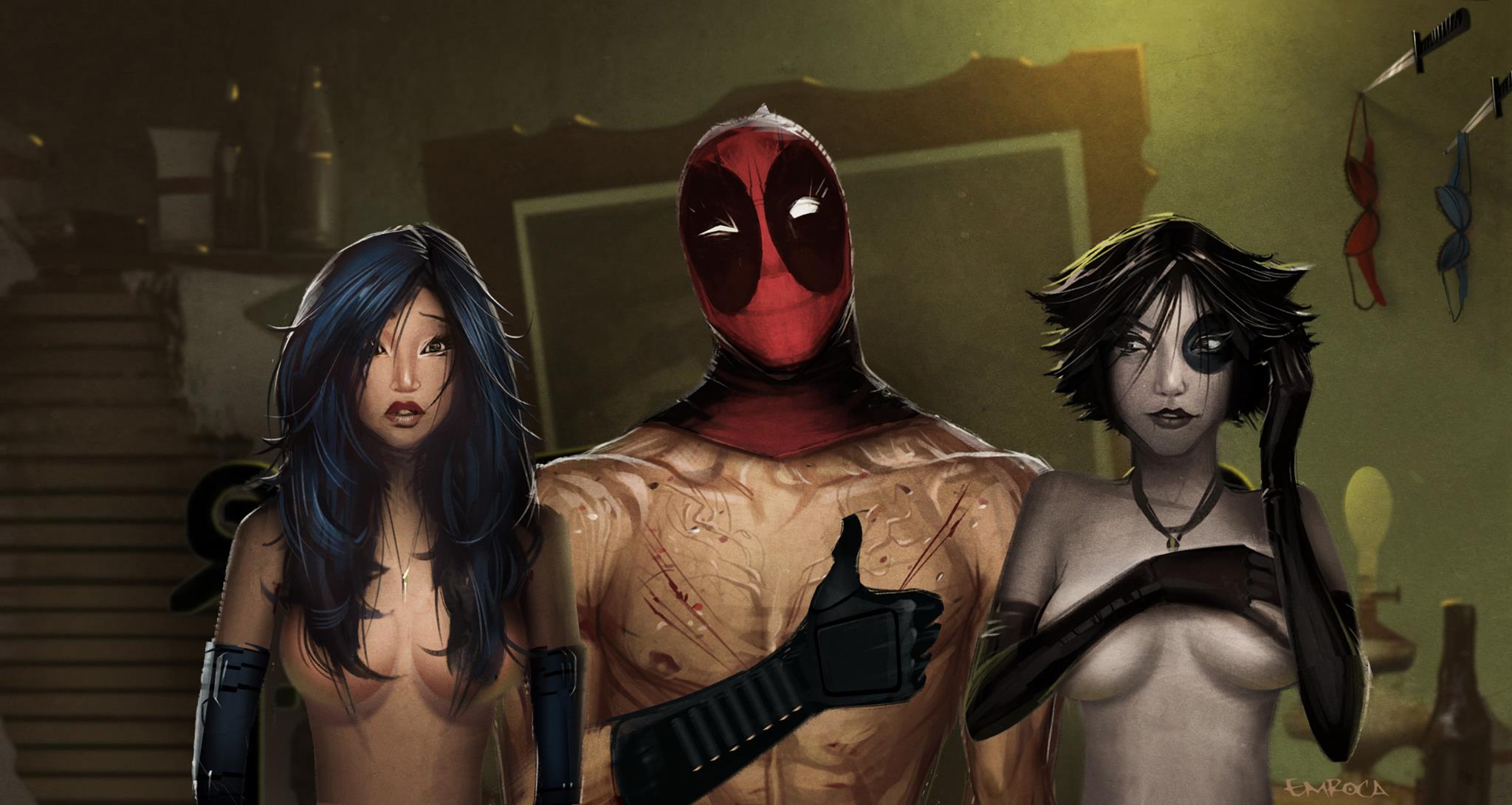 1boy, 2girls, arm covers breast, breasts, deadpool, deadpool (game), domino (deadpool game), domino (marvel), female, gloves, gloves on, gloves only, hair covering breasts, jose emroca, male, marvel, marvel comics, masked male, neena thurman, official art, psylocke (kwannon), scarred body, thumbs up, topless, topless female, topless male, uncensored, wade wilson, x-men