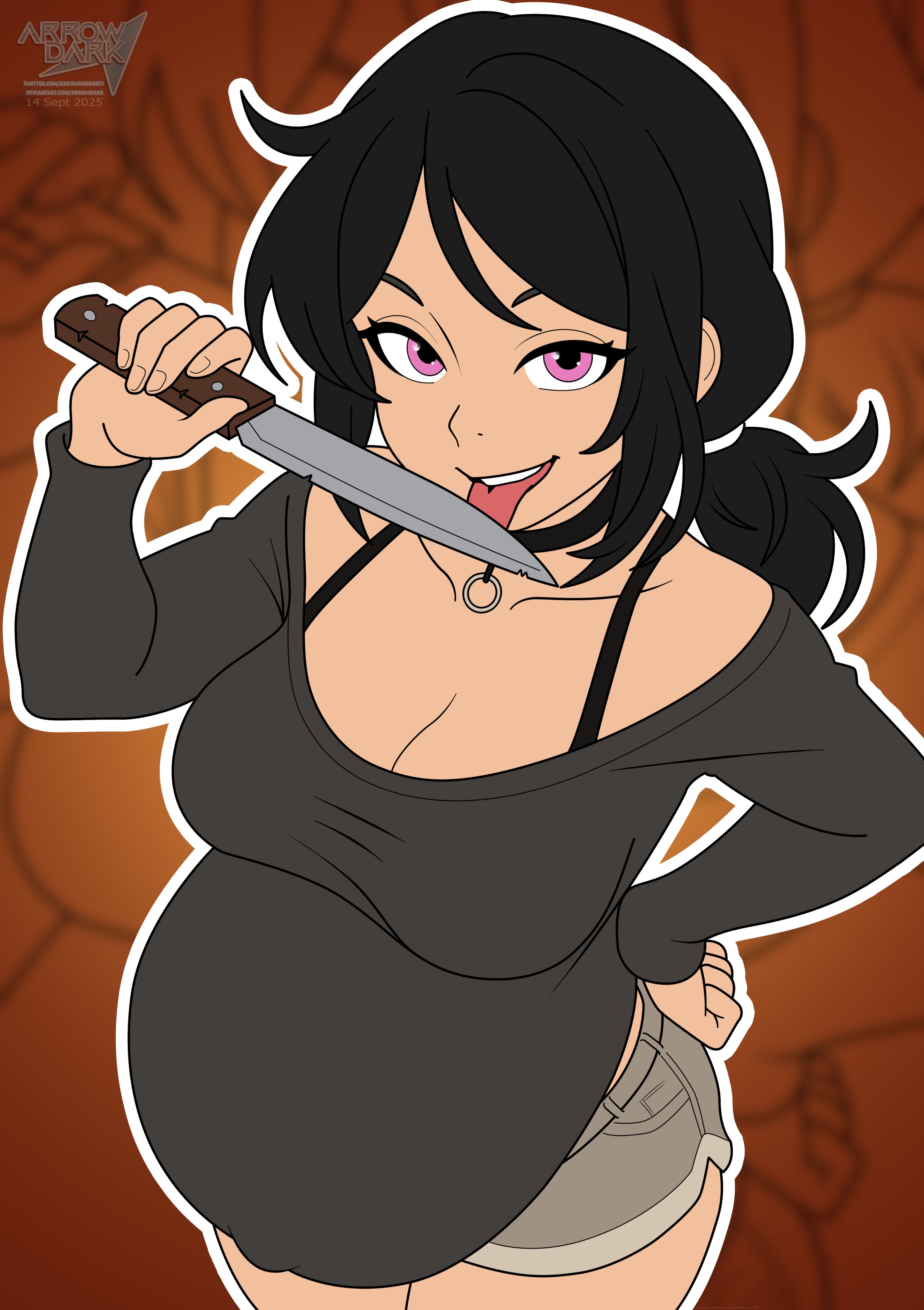 1girls, arrowdark, ashley graves, big belly, black hair, bloated belly, choker, cleavage, clothed, clothing, female, female only, knife, licking knife, navel, outie navel, pink eyes, ponytail, pregnant, the coffin of andy and leyley