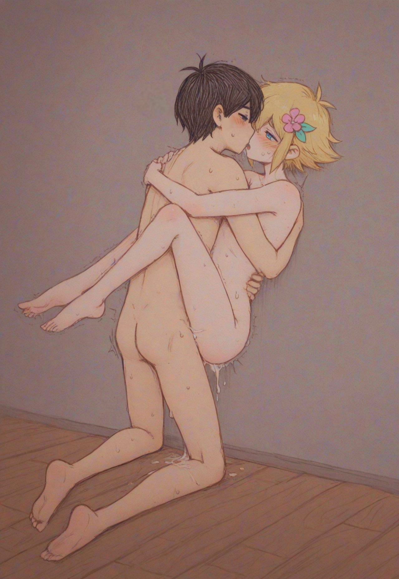 2boys, ai assisted, basil (omori), hugging while kissing, kissing while hugging, male, omori, sunny (omori)