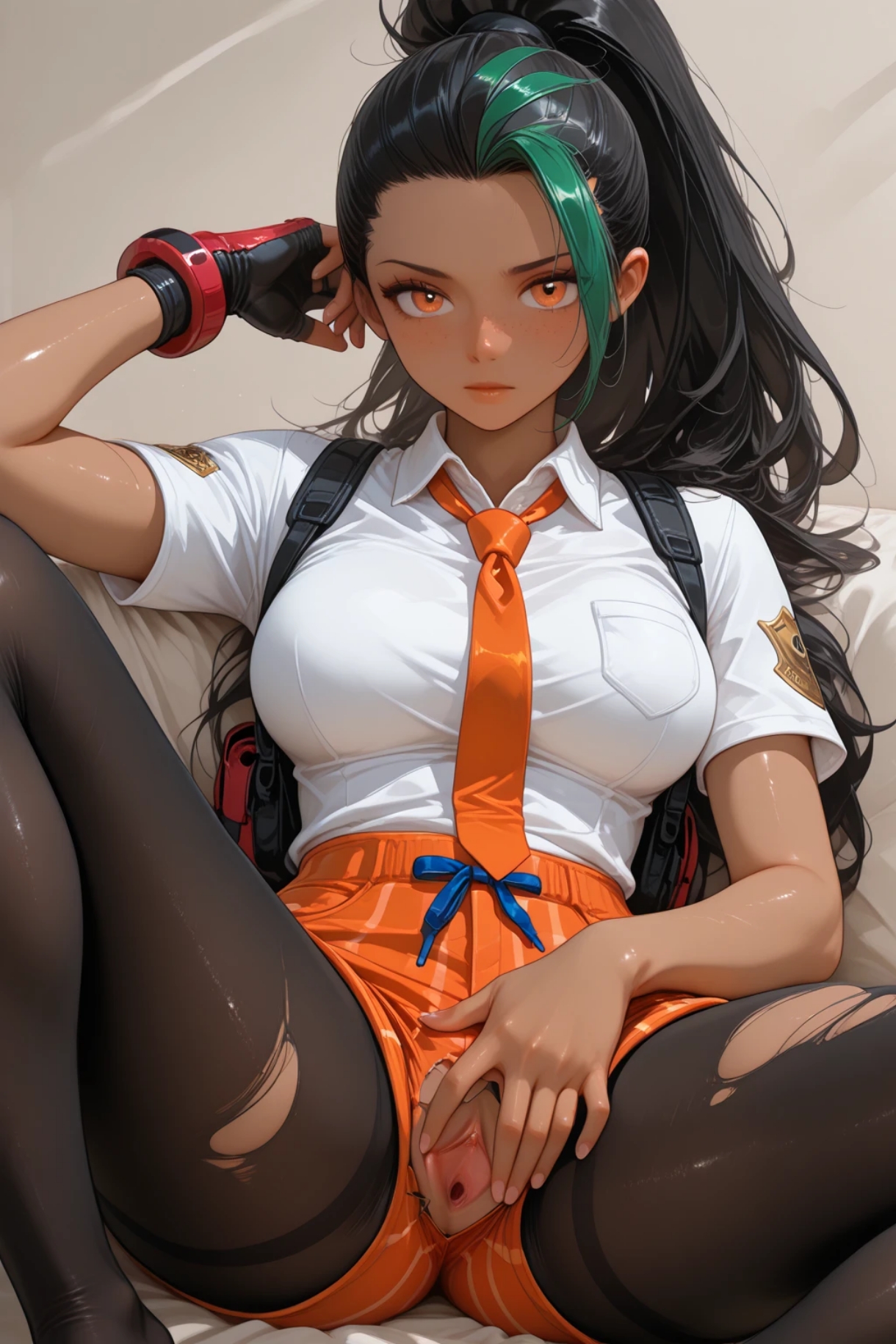 1girls, ai generated, breasts, cute, female, female only, gavver x, nemona (pokemon), pokemon, pokemon trainer, pussy, solo, spread legs, spread pussy