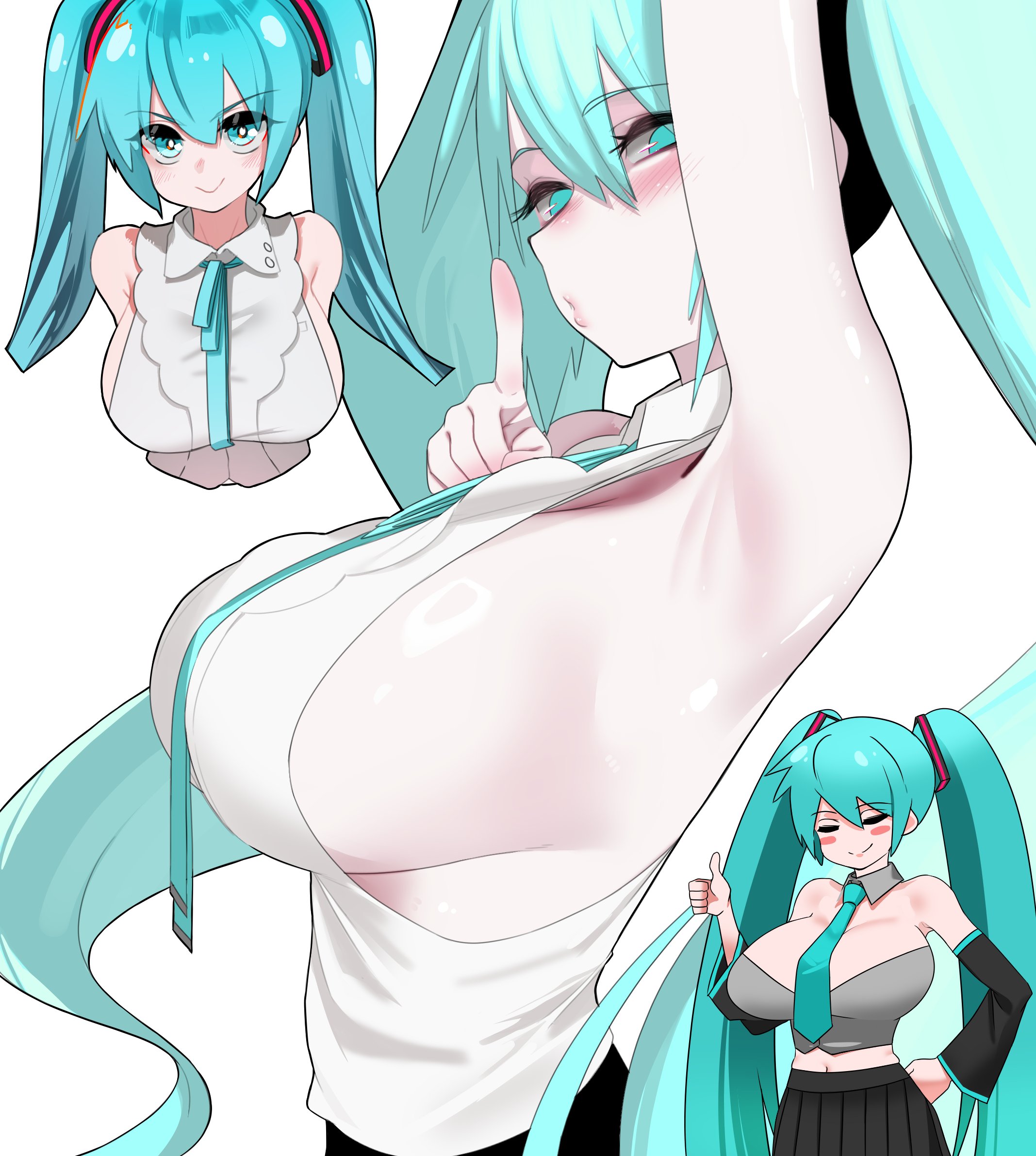 1girl, 1girls, alternate breast size (larger), aqua eyes, aqua hair, aqua necktie, arm up, armpits, bare shoulders, black skirt, black sleeves, blush, breasts, closed eyes, collar, cropped torso, detached collar, detached sleeves, female, female only, grey collar, hatsune miku, highres, huge breasts, index finger raised, large breasts, long hair, looking at viewer, midriff, multiple views, navel, necktie, pale skin, pleated skirt, puckered lips, shiny skin, shirt, sideboob, sideless shirt, simple background, skirt, smile, solo, thumbs up, tngkbmarlon, twintails, two side up, upper body, very long hair, vocaloid, white background, white shirt