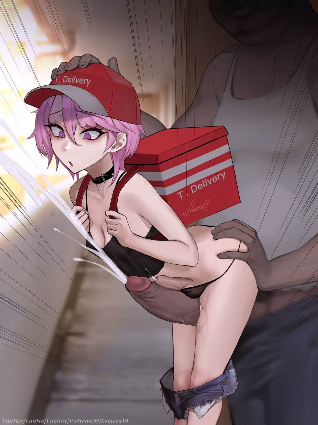2boys, balljob, cum, cum between thighs, cum from thighs, cum outside, cumshot, delivery, delivery employee, delivery futa, delivery girl, female, feminine male, frottage, frotting, futanari, ikemeru19, intersex, larger male, male, male only, male/male, medium breasts, outercourse, penis size difference, pink hair, pink hair futa, ria (ikemeru19), smaller female, sumata, thigh job, thigh sex, thighs, trap
