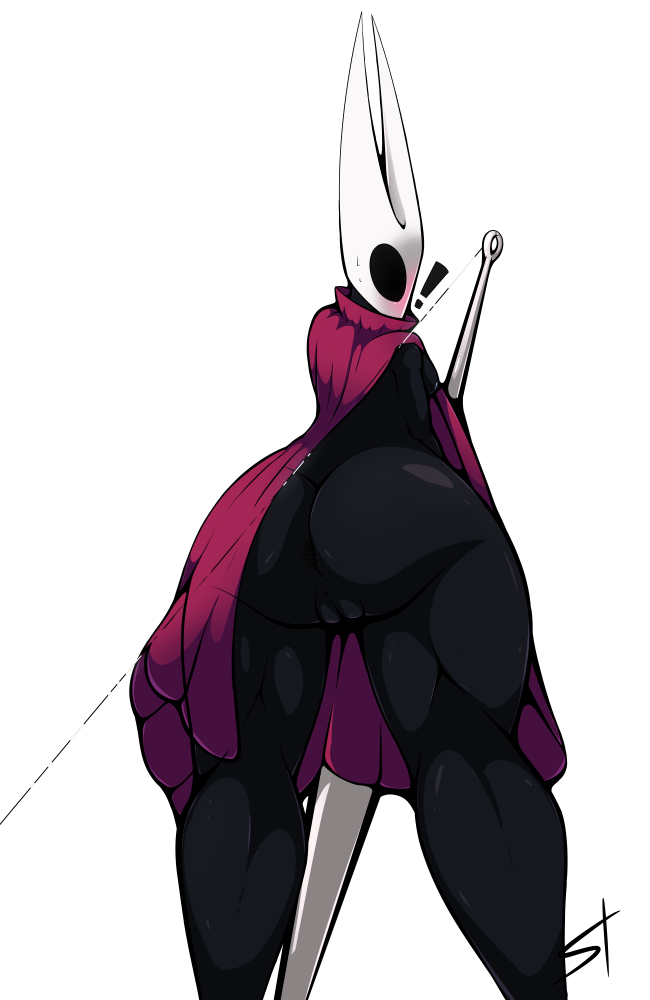 2018 anthro anus arthropod ass black_skin blush breasts cape cloak clothing featureless female hi_res hollow_knight hornet_(hollow_knight) humanoid insects looking_at_viewer melee_weapon nipples pussy solo standing standing_tough surprise video_games weapon