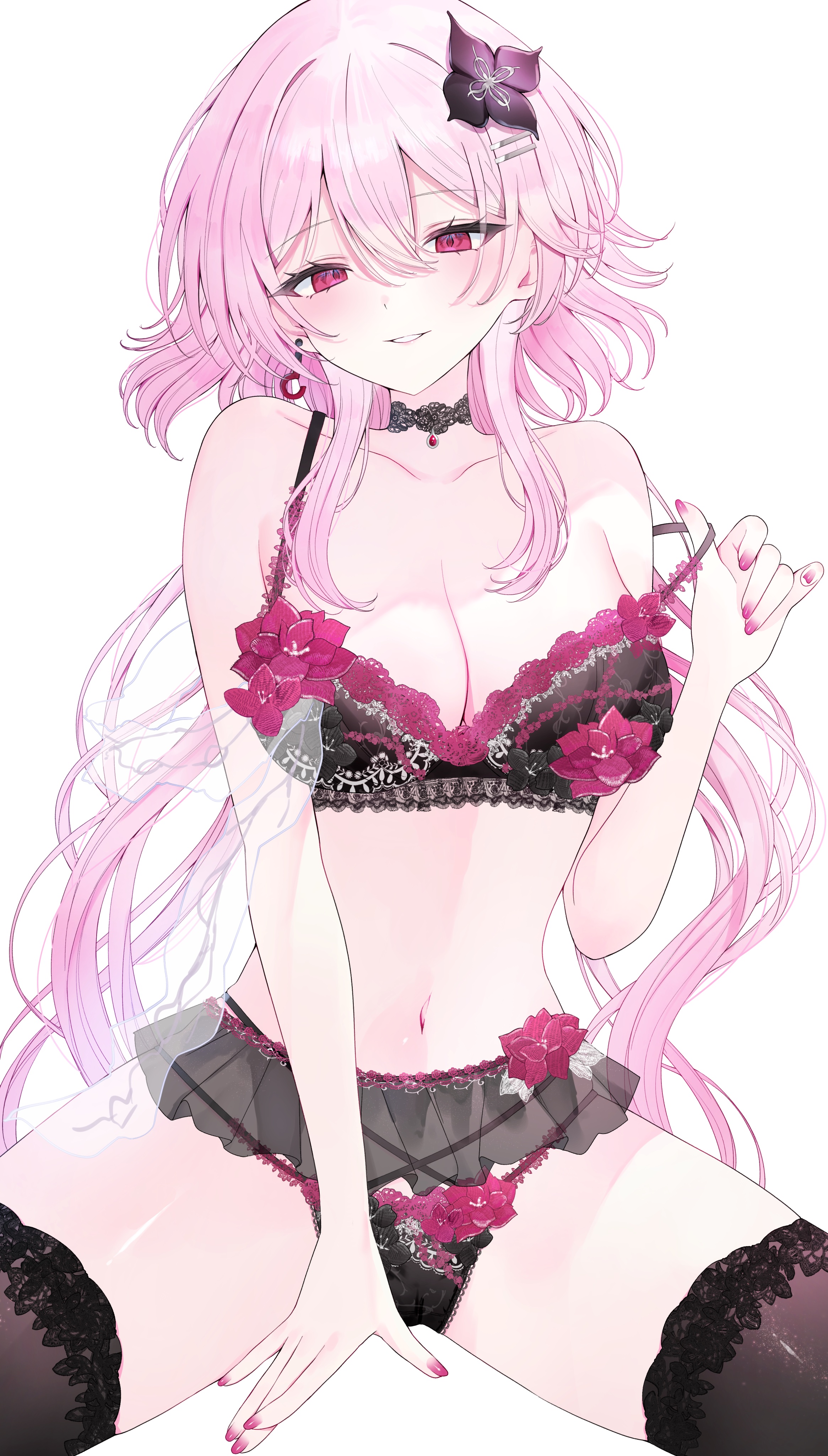 1girls, black lingerie, breasts, evernight (honkai: star rail), exposed breasts, female, honkai: star rail, hoyoverse, leggings, lingerie, long hair, march 7th (honkai: star rail), mihoyo, pink hair, red eyes, tsuyurieri228