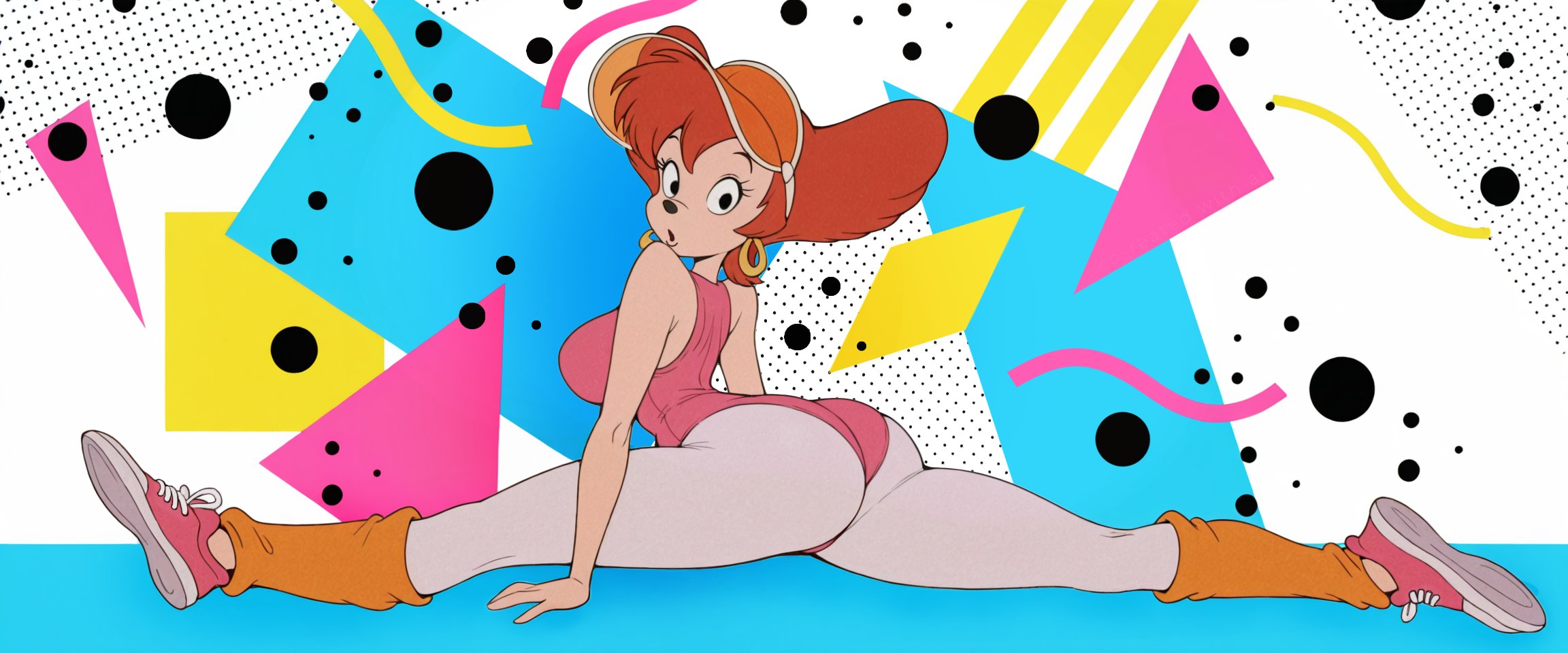 :o, 1990s (style), 1girl, 1girls, 80s clothing, aerobics, aerobics clothing, ai assisted, ai generated, ass, breasts, disney, disney channel, earrings, female, full body, furry, furry female, goof troop, grey pantyhose, gymnastics, hoop earrings, large breasts, leg warmers, leotard, long legs, looking back, mature female, milf, pantyhose, peg pete, pink leotard, pink tights, sarantics, sneakers, solo, split, splits, surprised, tights, visor, visor cap, workout clothes