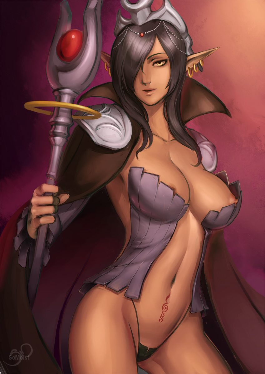 1girls, black hair, breasts, cleavage, dark elf, dark skin, dark-skinned female, earrings, elf, female, female only, hair over one eye, holding object, kuroinu ~kedakaki seijo wa hakudaku ni somaru~, large breasts, nipple slip, nipples, olga discordia, pointy ears, scepter, solo, somoist, thong