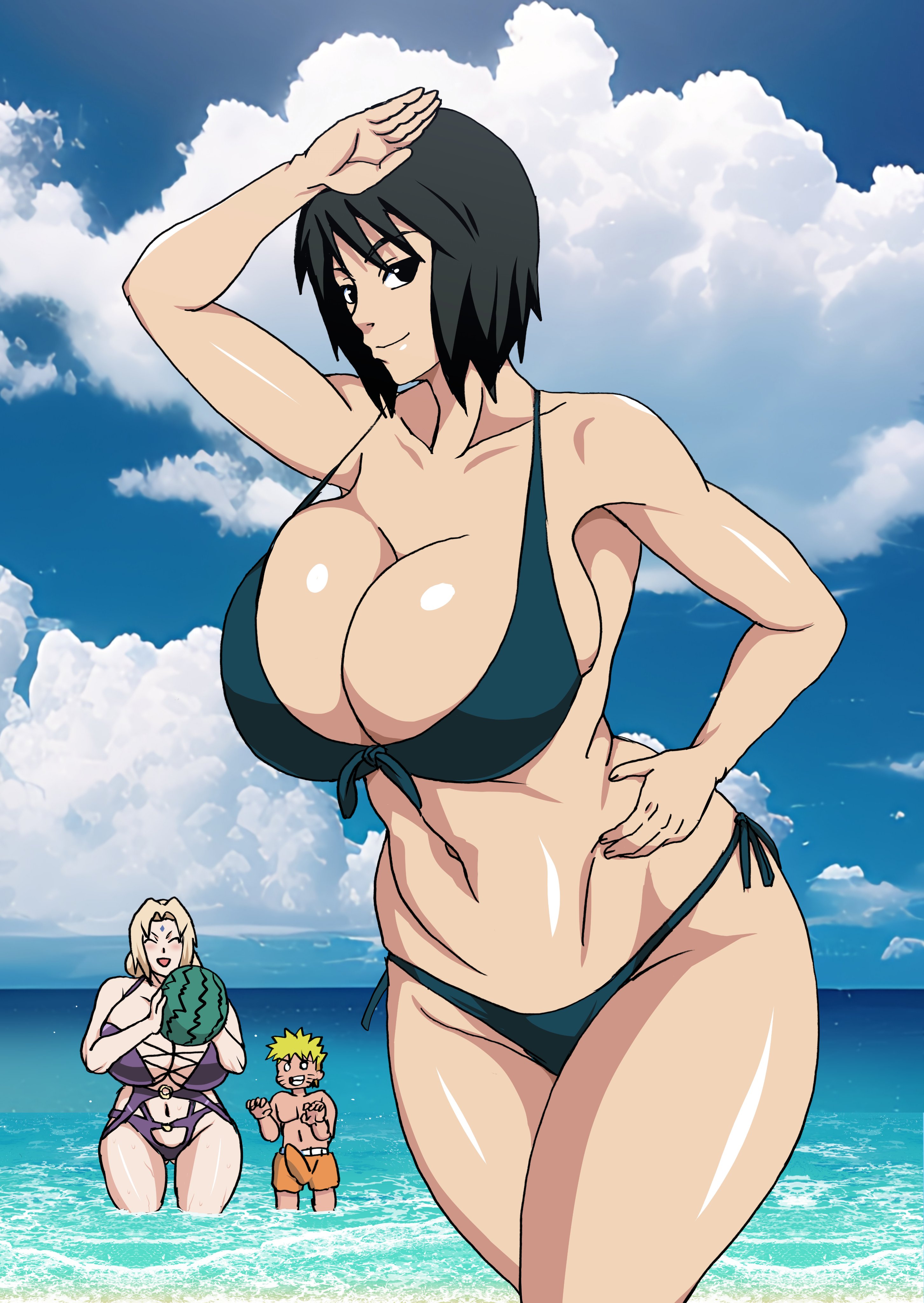 1boy, 2girls, beach, beach background, breasts, female, gilf, huge breasts, male, mature female, milf, naruho, naruto, naruto (series), sexy body, sexy pose, shizune, tsunade, uzumaki naruto
