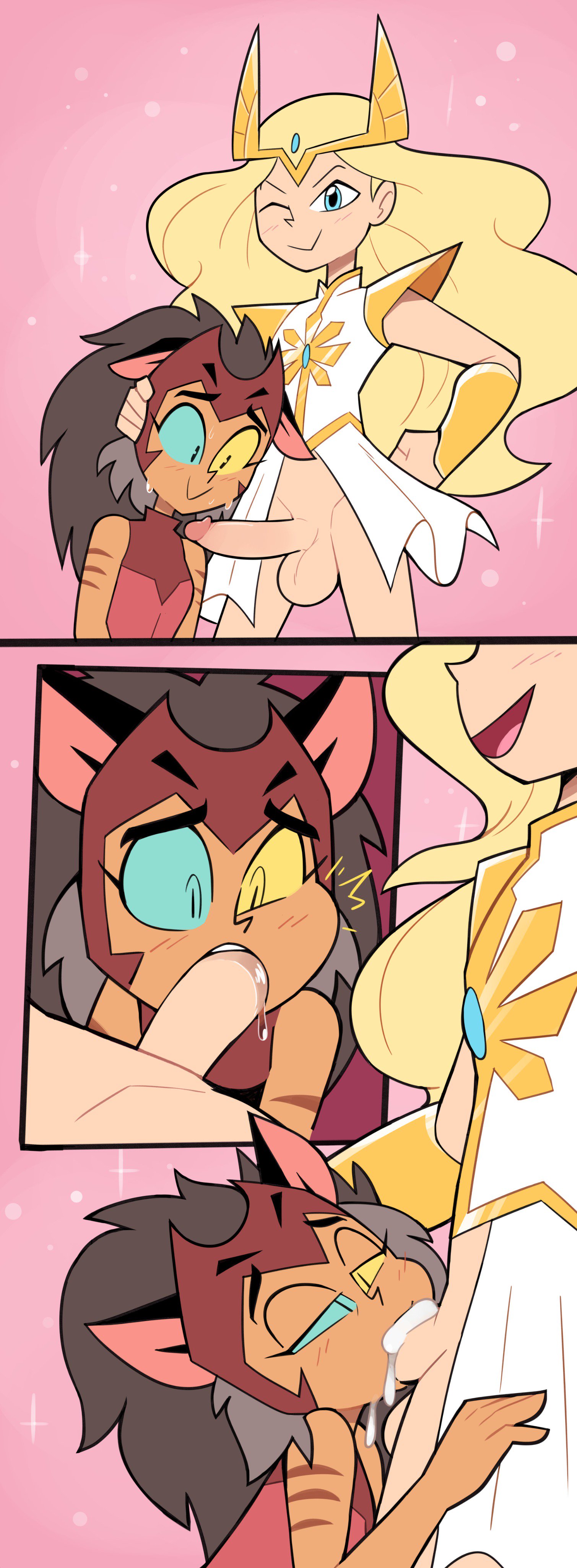 1futa, 1girls, adora, animal humanoid, armor, balls, black ears, blonde hair, blue eyes, blush, bottomless, breasts, brown hair, canon couple, cat ears, cat humanoid, catra, clothed, clothing, comic, cum, cum drip, cum in mouth, cum inside, deepthroat, dickgirl, dress, dripping, duplicate, eyelashes, feline, feline humanoid, fellatio, female, futa on female, futanari, hair, half-erect, hand on head, headpiece, heterochromia, human, human on humanoid, humanoid, intersex, intersex/female, long hair, mammal, miscon, open mouth, oral, penis, platinum blonde hair, saliva, sex, she-ra, she-ra and the princesses of power, skirt, slit pupils, smile, striped skin, stripes, sweat, teeth, tongue, white dress, white skirt, wink, winking at viewer, yellow eyes
