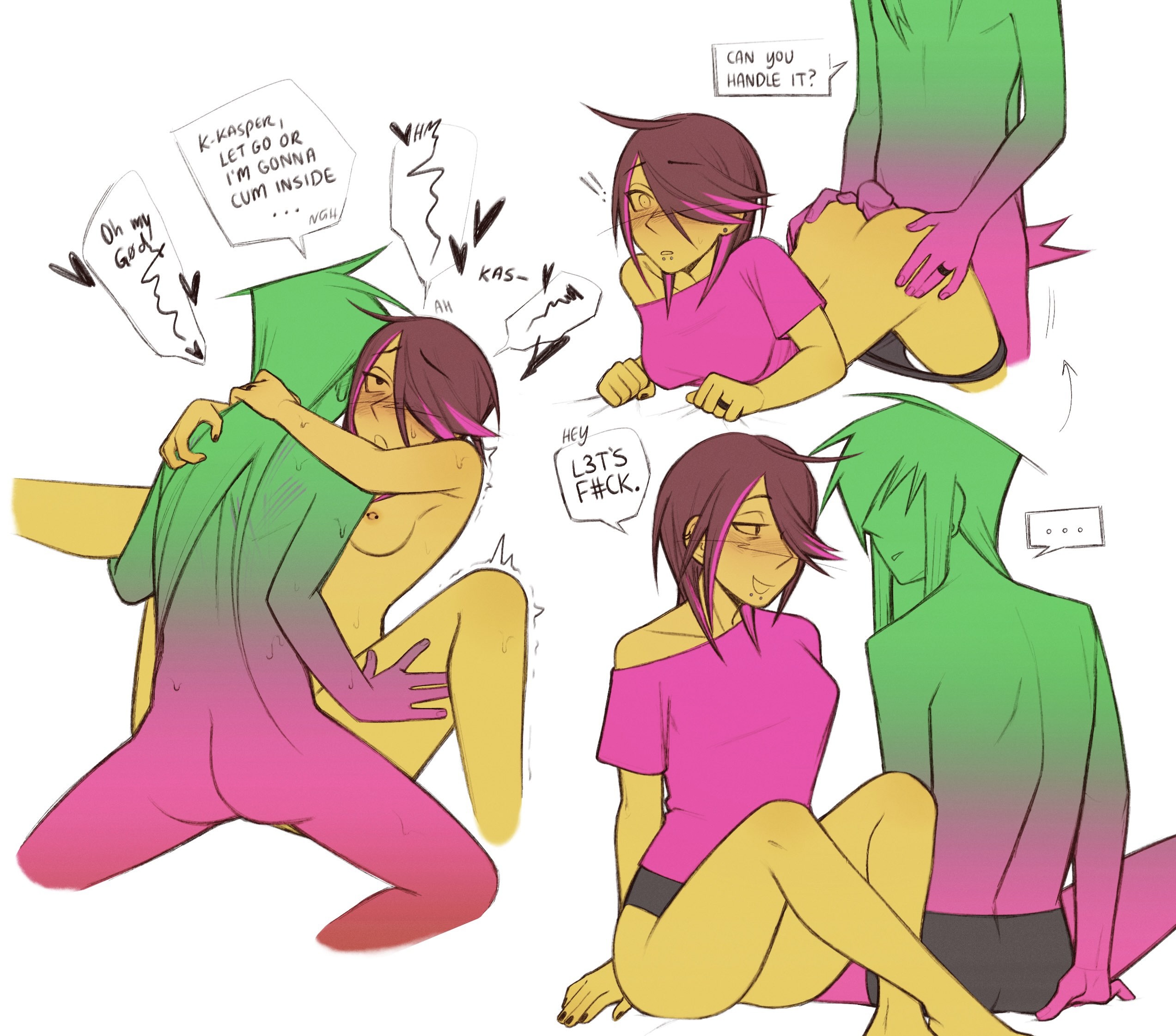 !!, ..., black nails, brown hair, dialogue, english text, gradient, gradient hair, hair over one eye, hair streak, hearts around text, infected (regretevator), moaning, moaning loud, nipple piercing, piercings, regretevator, roblox, roblox game, robloxian, snakebite piercing, speech bubble, stylo8b, tagme, text, transfem, unpleasant (regretevator), unpleasant gradient, white background, yellow body, yellow skin