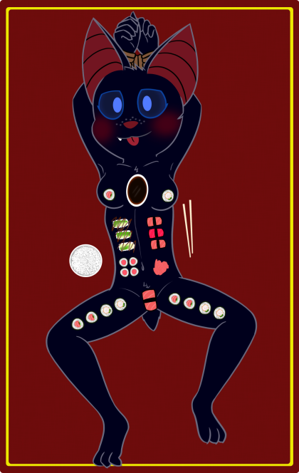 anthro bare_legs blush bondage chopsticks food food_on_body food_play fur furry furry_only nipples rice small_breasts smile spread_legs sushi tied_up tongue tongue_out zulu zulu_the_bat