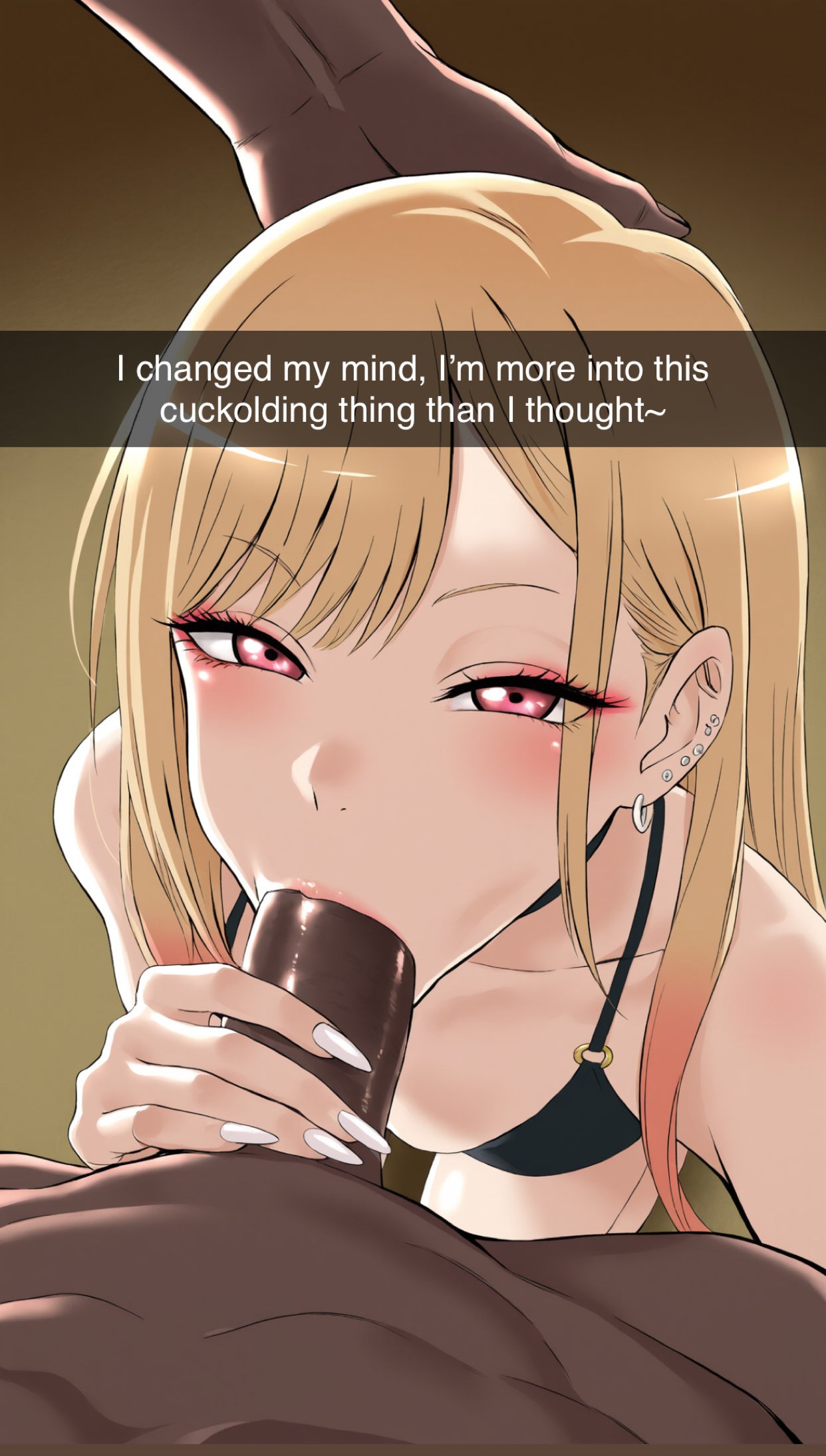 1boy, 1girls, ai generated, bikini, blonde hair, caption, cuckold, dark-skinned male, earrings, english commentary, english text, fellatio, female, holding penis, interracial, kitagawa marin, large penis, looking at viewer, looking up, male, netorare, oral, penis, pink eyes, selfie, snapchat, sono bisque doll wa koi wo suru, strawberry blonde hair, text, upturned eyes, white nails