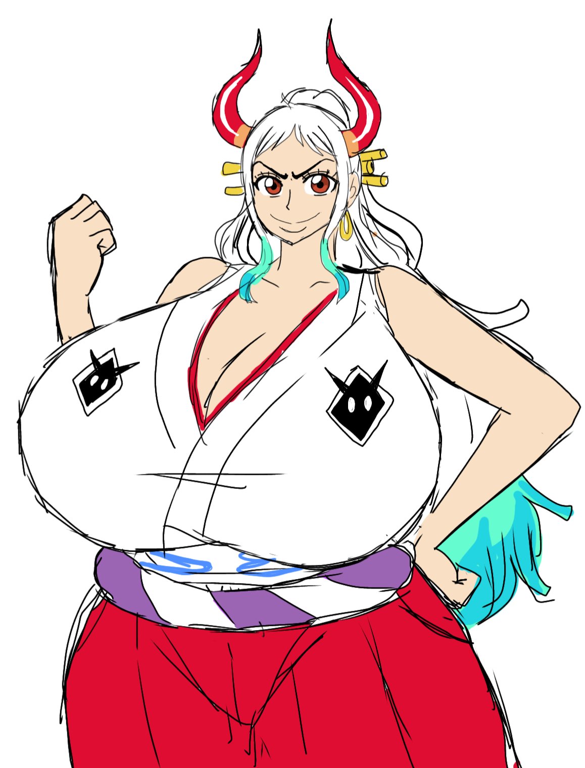 1girls, 2d, 2d (artwork), alternate body type, alternate breast size, bare arms, bare shoulders, big breasts, breasts, breasts bigger than head, brown eyes, brown eyes female, busty, busty female, curvy, curvy body, curvy female, curvy figure, digital drawing (artwork), digital media (artwork), female, female focus, female only, fist, hand on hip, horns, huge breasts, large breasts, long hair, long hair female, mature, mature woman, momiji (artist), one piece, shonen jump, simple background, solo, solo female, solo focus, upper body, white background, white hair, white hair female, yamato (one piece)