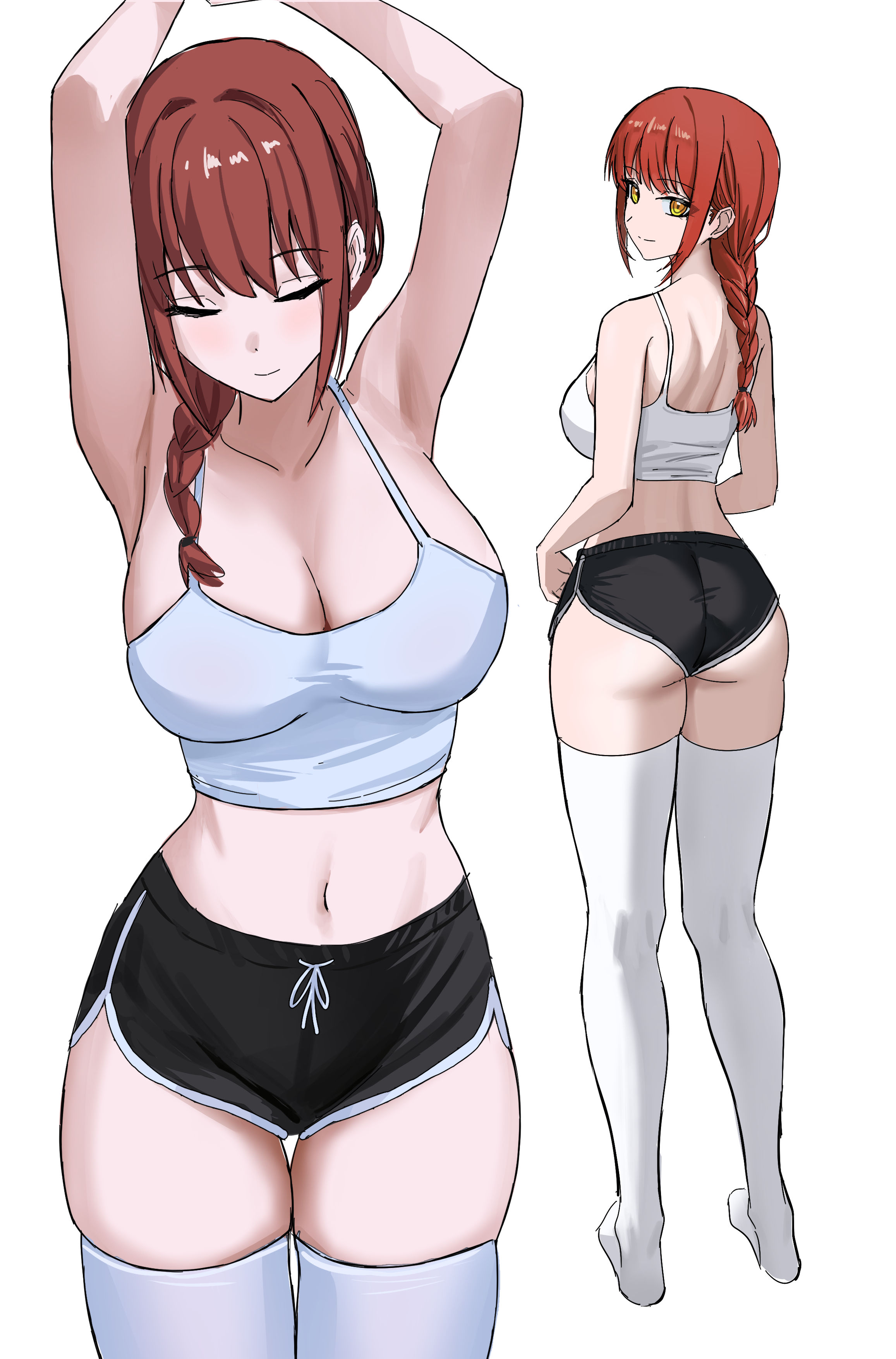1girls, absurdres, armpits, arms up, ass, ass hanging out of shorts, black shorts, braid, braided ponytail, breasts, chainsaw man, cleavage, dolphin shorts, female, female only, highres, large breasts, looking at viewer, makima (chainsaw man), midriff, multiple views, navel, purple z, red hair, ringed eyes, short shorts, shorts, simple background, skrillex li, stomach, thighhighs, white background, white thighhighs, yellow eyes