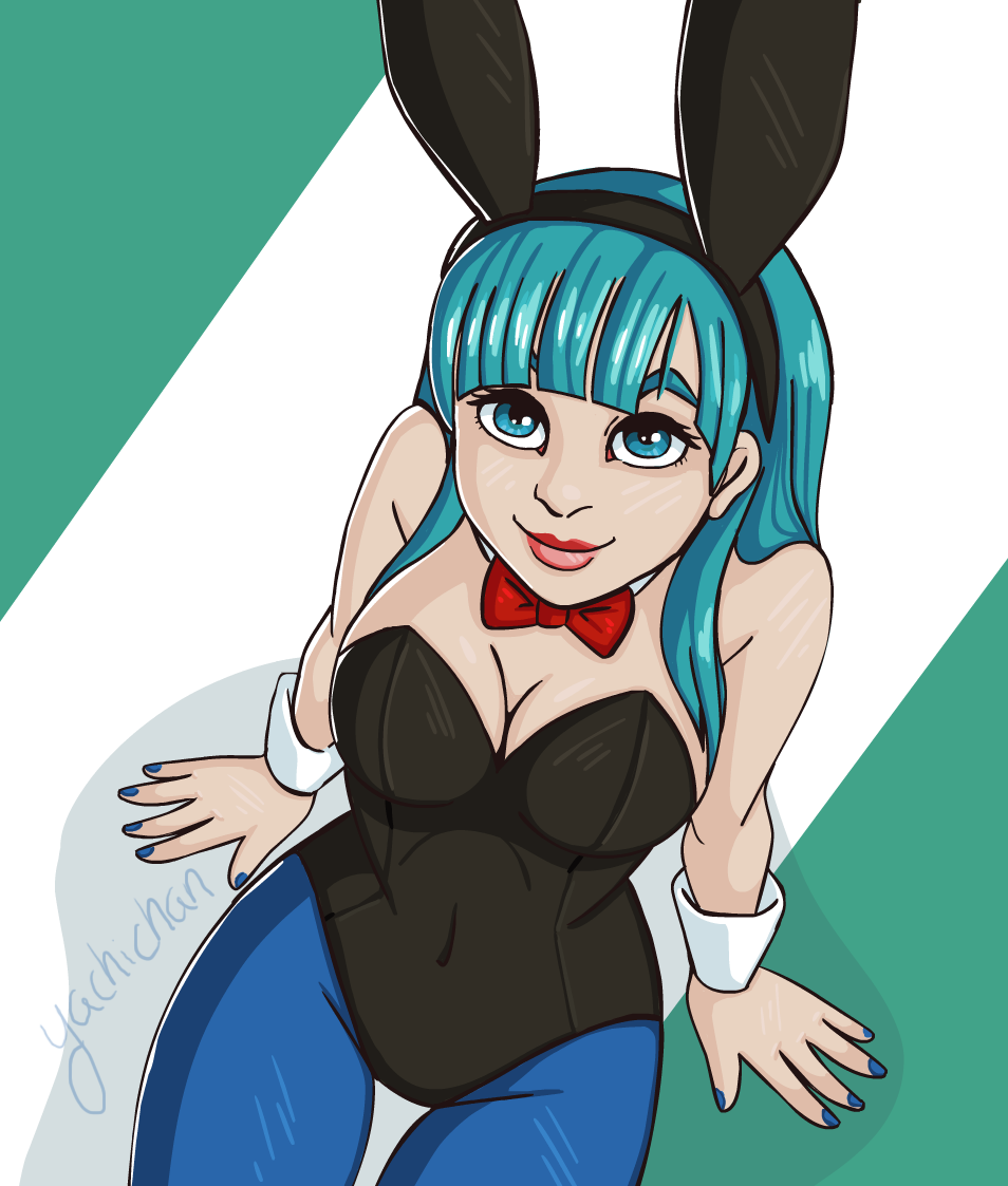 1girls aqua_eyes aqua_hair bare_arms bare_shoulders black_leotard blue_legwear blue_nails bow bowtie breasts bulma_(bunny) bulma_briefs bunny_costume bunny_ears bunny_girl bunnysuit cleavage closed_mouth detached_collar dragon_ball eyeshadow female female_only from_above highres human human_only large_breasts leotard lips lipstick long_hair looking_at_viewer looking_up makeup nail_polish pantyhose red_lipstick red_neckwear shadow sitting smile solo strapless strapless_leotard teenager wrist_cuffs yachichan