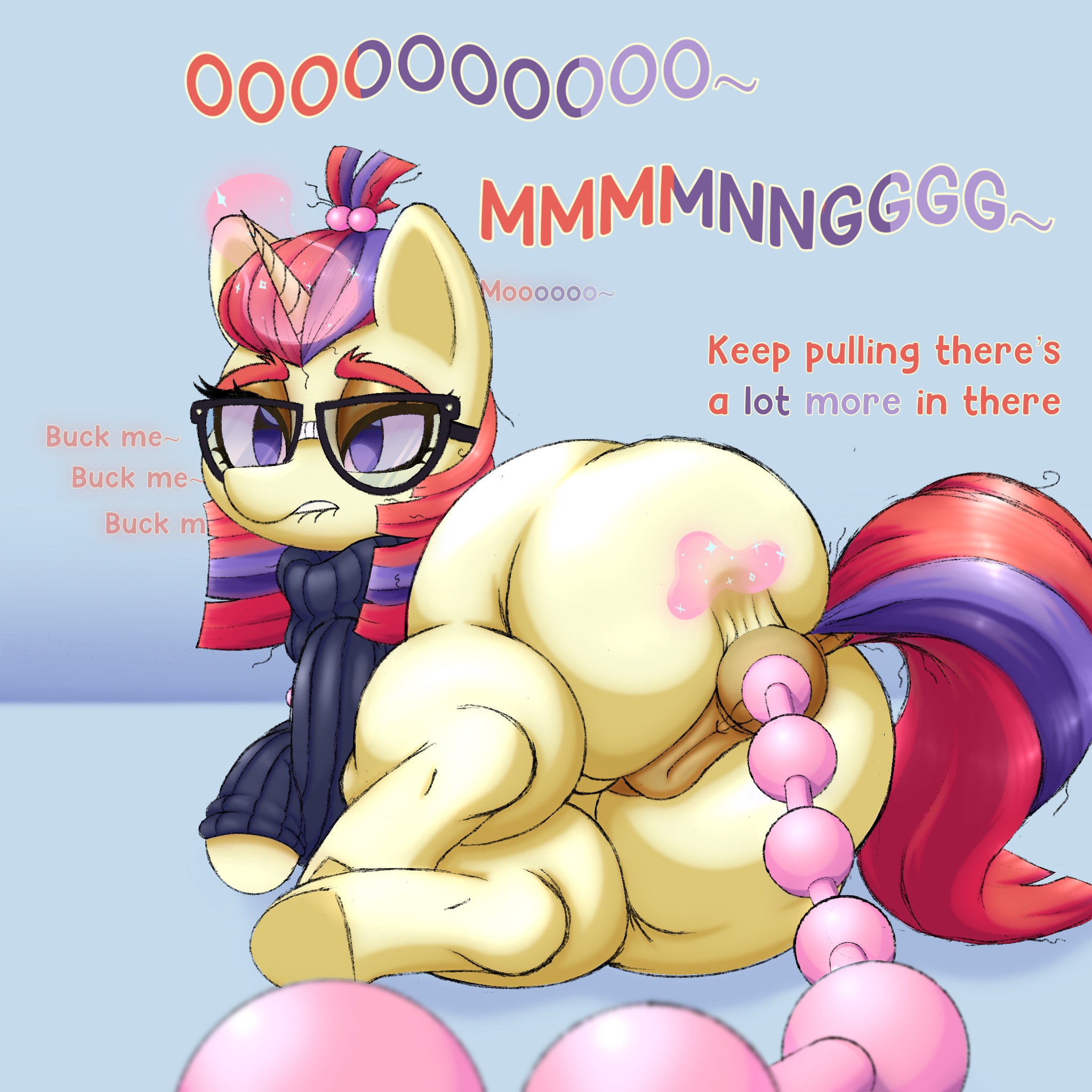 1girls, anal beads, anal beads in ass, anal beads pull, anatomically correct genitalia, anatomically correct pussy, animal genitalia, ass, behind view, big ass, big butt, biting lip, blue background, bottomless, bubble butt, clothing, curvaceous, curvy, curvy figure, dialogue, donut anus, english text, equine, equine genitalia, equine pussy, female, female only, feral, friendship is magic, glasses, hasbro, horn, huge ass, long hair, looking back at viewer, looking pleasured, magic, messy hair, moaning, moondancer (mlp), mostly nude, multicolored hair, my little pony, neet, on side, open mouth, pleasure face, ponut, pony, puffy anus, purple eyes, purple hair, pussy, red hair, sex toy, solo, solo female, spread ass, sweater, tail, talking to viewer, text, theboneapple, thick thighs, unicorn, voluptuous, voluptuous female, wide hips