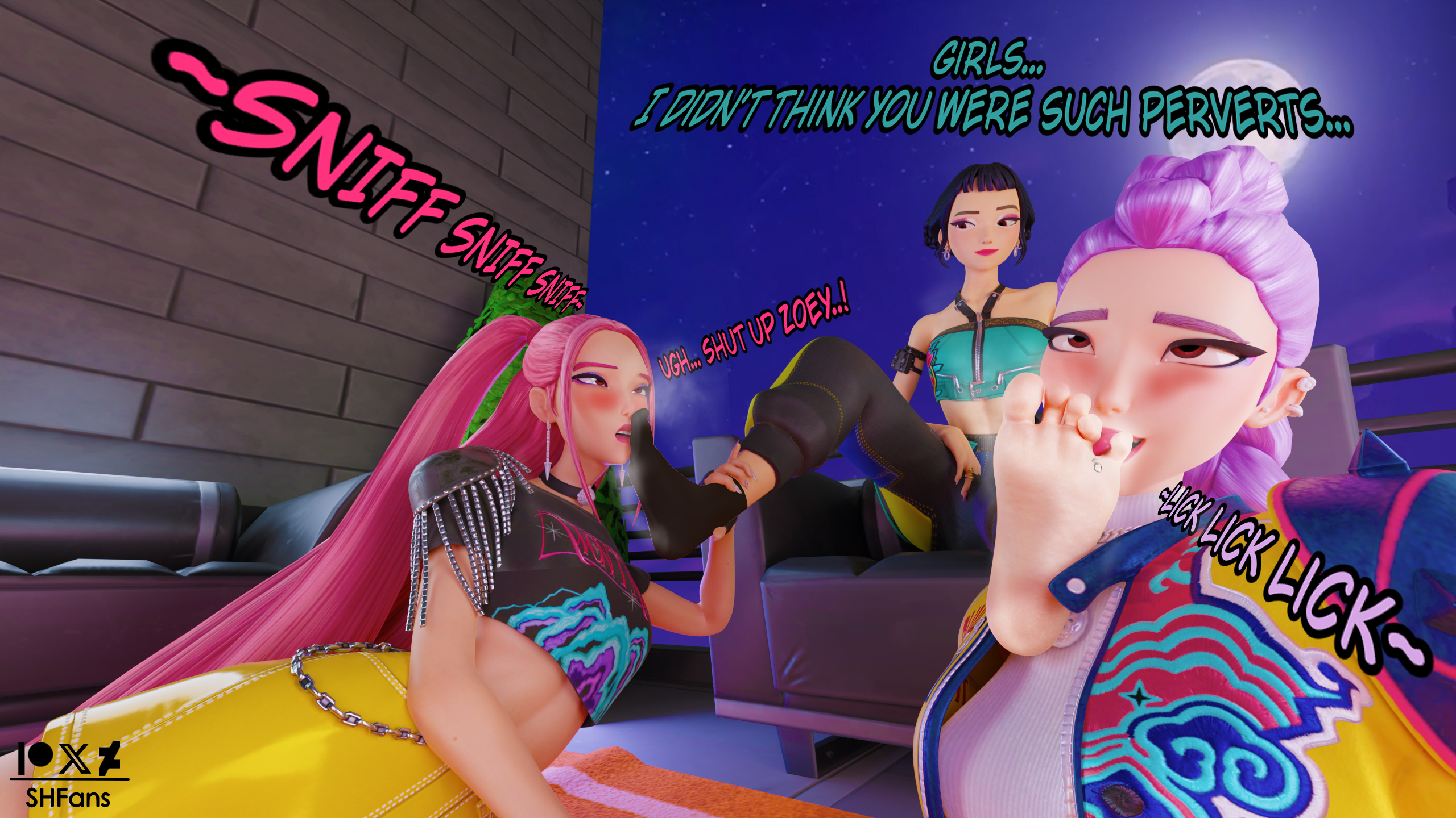 3d, 3d (artwork), 3d model, 3d render, 3girls, balcony, black hair, caption, captions, deviantart, dirty feet, feet, feet fetish, feet focus, feet licking, feet on face, feet smell, feet sniff, feet up, female, female focus, female only, femdom, foot fetish, foot focus, foot lick, foot worship, footwear, fortnite, fortnite: battle royale, humiliated, humiliating, humiliation, humiliation fetish, kpop, kpop demon hunters, kpop girl, mira (kpop demon hunters), musk, musk clouds, musk fetish, musky, musky feet, night, ninja, patreon, patreon artist, patreon exclusive, patreon link, patreon logo, patreon only post, patreon url, patreon username, pink hair, presenting, presenting feet, purple hair, raised leg, rumi (kpop demon hunters), shfans, shoes removed, sniffing, sniffing feet, sniffing musk, socks, sweat, sweatdrop, sweating, sweaty, sweaty feet, sweaty legs, young, yuri, zoey (kpop demon hunters)