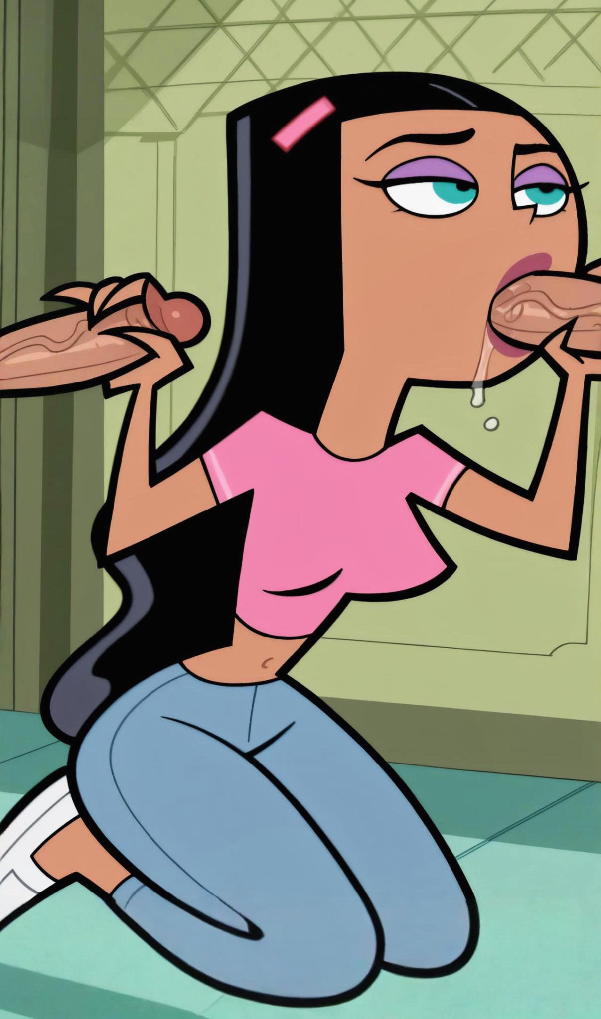 accurate art style, ai assisted, ai generated, blowjob, clothed, danny phantom, dirtmaster, double handjob, drooling, eyeshadow, fellatio, kneeling, male, navel, nickelodeon, nicktoons, oral, oral sex, paulina sanchez, penis, saliva, school, sucking penis