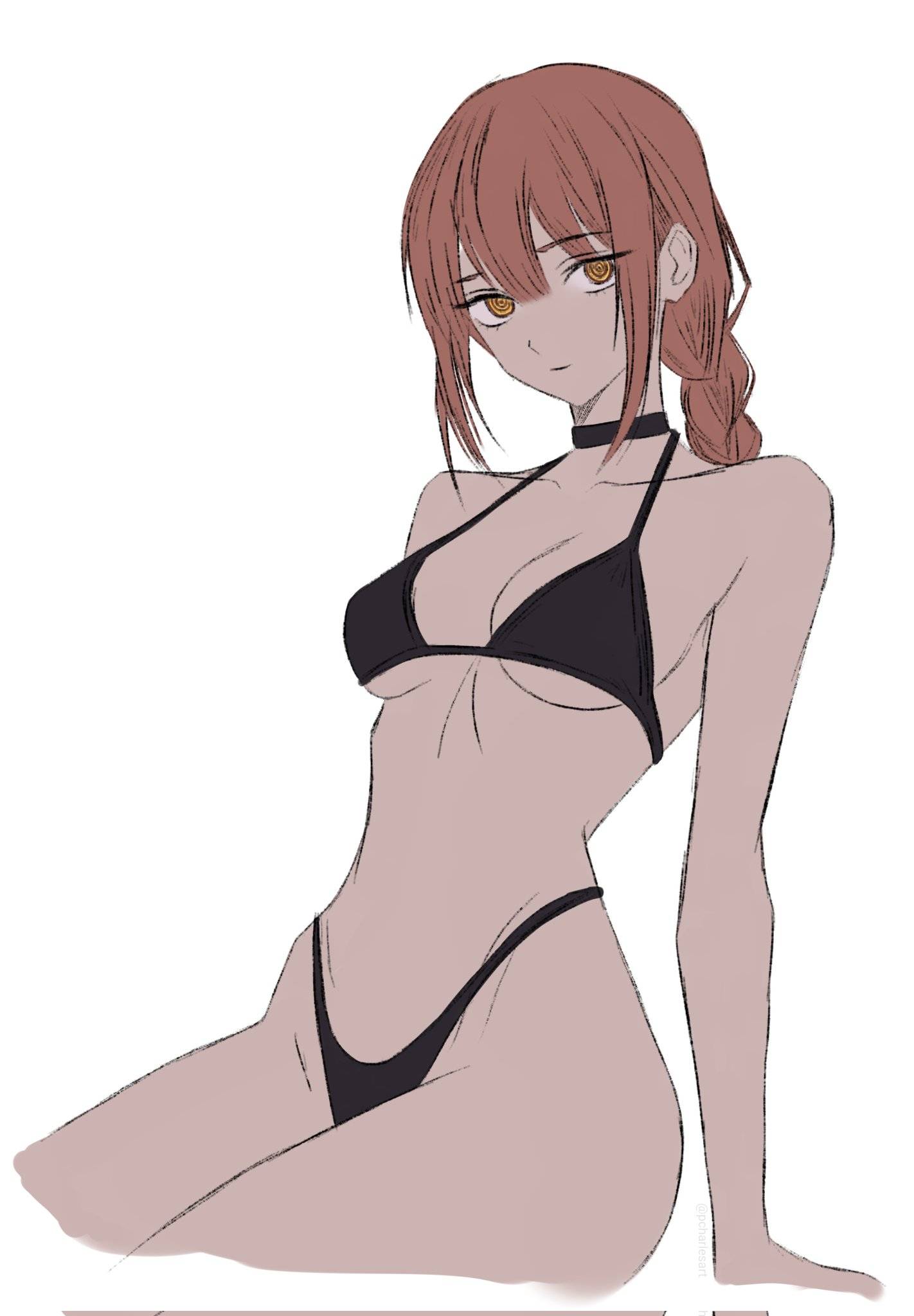 1girls, 2d, 2d (artwork), 2d artwork, adult, adult female, almost naked, almost nude, anime, anime character, arm support, background, bare armpits, bare arms, bare belly, bare chest, bare hands, bare hips, bare legs, bare midriff, bare navel, bare shoulders, bare skin, bare thighs, belly, belly button, big boobs, big breasts, bikini, bikini bottom, bikini only, bikini top, black bikini, black bikini bottom, black bikini top, black choker, black swimsuit, black swimwear, blank expression, blank eyes, blank stare, braid, braided hair, braided ponytail, breasts, busty, busty female, busty girl, chainsaw man, charlesart, choker, cleavage, collarbone, curvaceous, curvaceous body, curvaceous female, curvaceous figure, curvaceous hips, curvy, curvy body, curvy female, curvy figure, curvy hips, digital, digital art, digital drawing, digital drawing (artwork), digital media, digital media (artwork), drawing, emotionless, exposed, exposed armpits, exposed arms, exposed belly, exposed chest, exposed hips, exposed legs, exposed midriff, exposed navel, exposed shoulders, exposed skin, exposed thighs, eye-level view, eyebrows visible through hair, fanart, female, female focus, female only, fit female, groin, hair between eyes, halterneck, head tilt, hip dips, hourglass figure, inframammary fold, inguinal crease, inguinal ligament, knees out of frame, large boobs, large breasts, lean figure, legs closed, legs together, linea alba, long hair, looking at viewer, makima (chainsaw man), manga character, mappa, mature, mature female, mature woman, midriff, monotone background, mostly nude, naked, naked female, naked woman, narrow waist, navel, nearly nude, neutral expression, nipple bulge, nude, nude female, nudity, one color background, plain background, ponytail, portrait, practically nude, red hair, red-haired female, ring eyes, ringed eyes, shonen jump, shoulders, shueisha, sidelocks, slender body, slender waist, slim female, slim waist, solid color background, solo, stomach, string bikini, swimsuit, swimwear, thick thighs, thighs, thighs together, three quarter view, three-quarter view, tilted head, top view, underboob, upper body, weekly shonen jump, white background, wide hips, woman, yellow eyes, yellow-eyed female