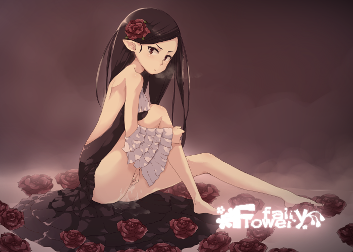 brown_hair detached_sleeves dress flower flower_fairy long_hair looking_at_viewer misink no_legwear open-back_dress pointy_ears solo tagme