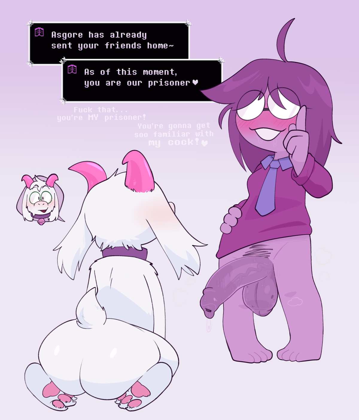 1boy, 1futa, 1nonbinary, 1other, ass, ass focus, blush, buckteeth, collar, collared shirt, crushpepper, deltarune, deltarune chapter 5, dialogue, digital media (artwork), dog collar, duo, english dialogue, english text, feet, femboy, foreskin, fur, furry, futa on male, futanari, goat, goat ears, goat horns, horn, horns, long hair, naked, naked male, non-binary, nonbinary, nude, nude male, open mouth, paws, penis, pink horn, pubes, pubic hair, purple hair, purple skin, ralsei, ralsei with white fur, seth (deltarune), shirt, standing, tagme, teeth, text, text box, uncut, white fur, white sclera