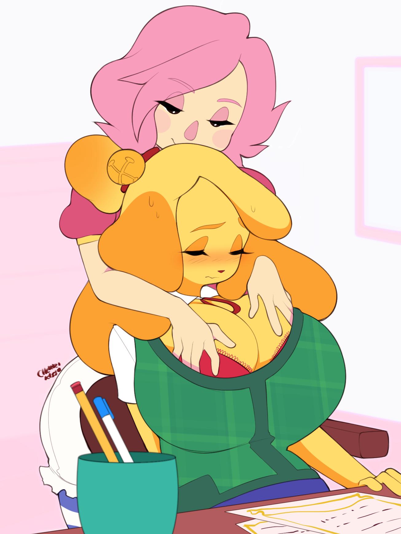 2girls, animal crossing, animal crossing girl, anthro, background, big breasts, blush, boobs, bra, breasts, canid, canine, canis, cherrikissu, cleavage, clothed, clothing, couple, domestic, dress, duo, emma (animal crossing), female, female/female, fur, furry, furry female, grabbing breasts, hands on breasts, hands on partner, hands on partner's breasts, huge breasts, human, human on anthro, interspecies, isabelle (animal crossing), lesbian, lesbian couple, lesbian focus, lesbians, mammal, nintendo, romantic, shih tzu, smile, suggestive, villager (animal crossing), yellow fur, yuri