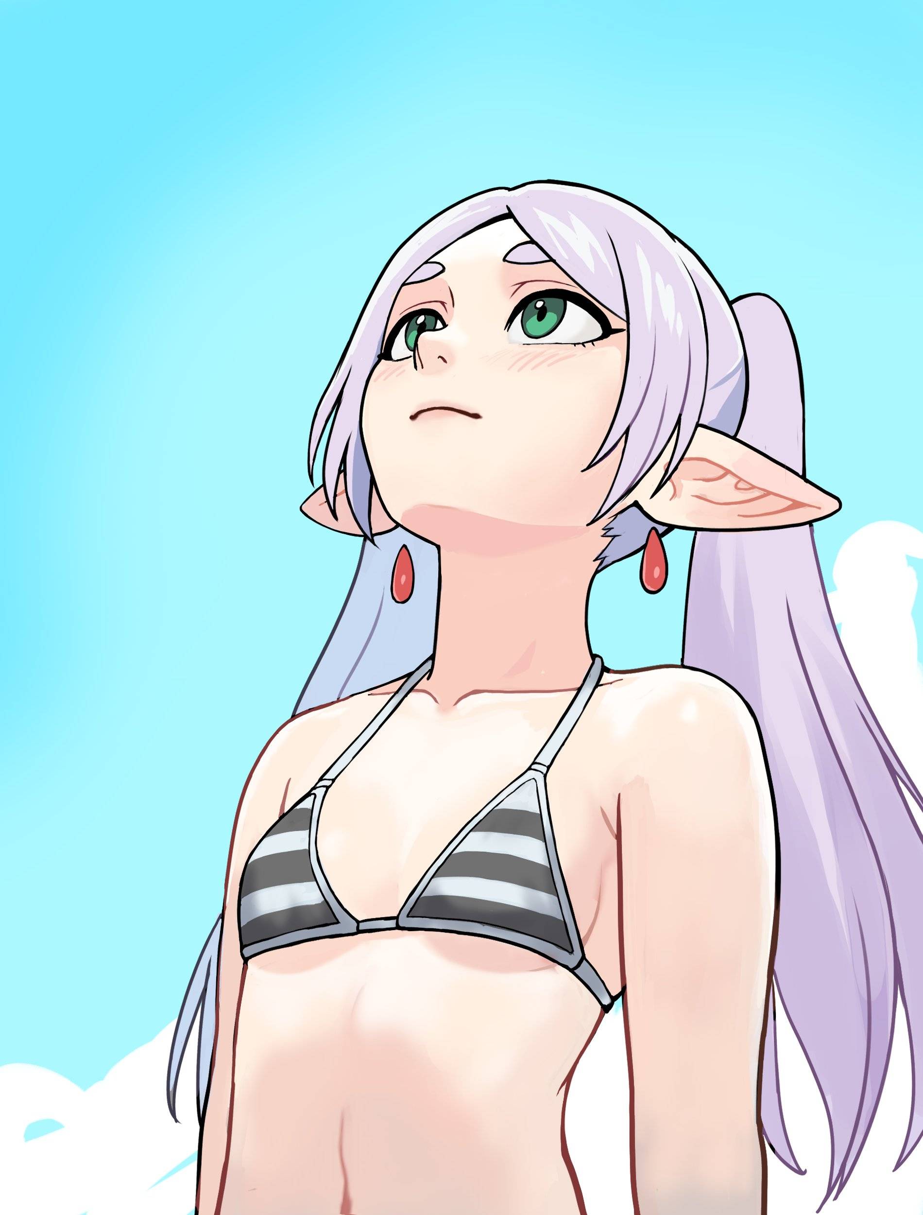 ///, 1girls, 2d, 2d (artwork), 2d artwork, accurate body type, accurate breast size, accurate proportions, adult, adult female, almost naked, almost nude, anime, anime character, bare arms, bare belly, bare chest, bare hands, bare midriff, bare shoulders, bare skin, belly, belly button, below view, bikini, bikini only, bikini top, black bikini, black bikini top, black swimsuit, black swimwear, blue sky background, blush face, blush lines, blushing, blushing female, blushing lines, breasts, canon breast size, closed mouth smile, collarbone, day, daylight, daytime, digital, digital art, digital drawing, digital drawing (artwork), digital media, digital media (artwork), down angle, drawing, earrings, elf, elf ear, elf ears, elf female, elf girl, exposed, exposed arms, exposed belly, exposed chest, exposed midriff, exposed shoulders, exposed skin, fanart, female, female focus, female only, female protagonist, fit female, flushed, flushed cheeks, flushed face, frieren, from below, from below view, from front, front view, gilf, glistening boobs, glistening breasts, glistening hair, glistening shoulders, glistening skin, glossy breasts, glossy hair, grandma, granny, green eyes, green-eyed female, halterneck, inframammary fold, lean figure, light smile, linea alba, long hair, looking up, low angle, low angle view, low-angle shot, low-angle view, lower body out of frame, madhouse, manga character, mature, mature female, midriff, mostly nude, naked, naked female, naked woman, narrow waist, navel, nearly nude, nude, nude female, nudity, old female, older than they look, outdoor, outdoor background, outdoor nudity, outdoors, outside, outside nudity, parted bangs, petite, petite body, petite breasts, petite female, petite girl, petite tits, pointy ears, portrait, practically nude, shiny breasts, shiny hair, shiny shoulders, shiny skin, shoulders, sky background, slender body, slender waist, slight smile, slim female, slim waist, small boobs, small breasts, small tits, smile, smiley face, smiling, smooth skin, solo, sousou no frieren, standing, stomach, string bikini, striped bikini, striped bikini top, striped swimsuit, striped swimwear, swimsuit, swimwear, tiny breasts, tiny tits, top view, under view, upper body, upward angle frieren drawing (meme), watcher hollow, white bikini, white bikini top, white hair, white swimsuit, white swimwear, white-haired female