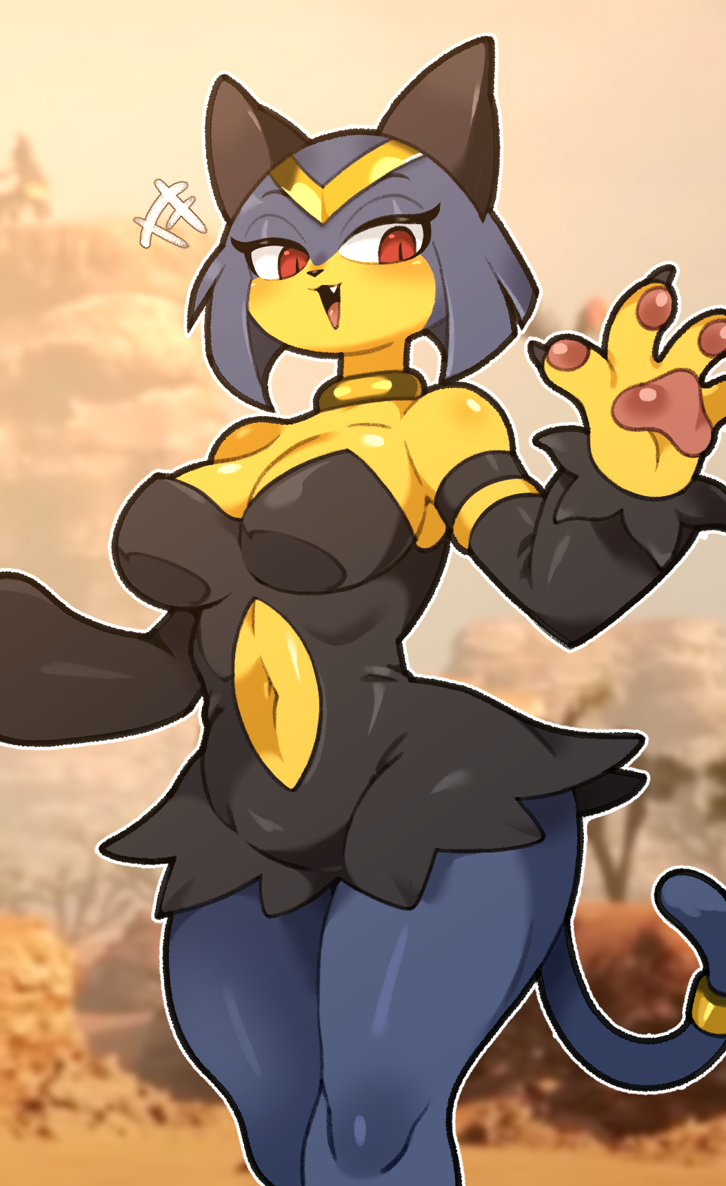 anthro, black clothing, black dress, blue body, blue hair, breasts, claws, cleavage, clothed, clothing, dress, eyelashes, fangs, felid, feline, female, hair, hi res, looking at viewer, mammal, multicolored body, navel, neck ring, pal (species), palmorph, palworld, pawpads, pocketpair, red eyes, sekhmet (pal), short hair, solo, tail, teeth, two tone body, yellow body