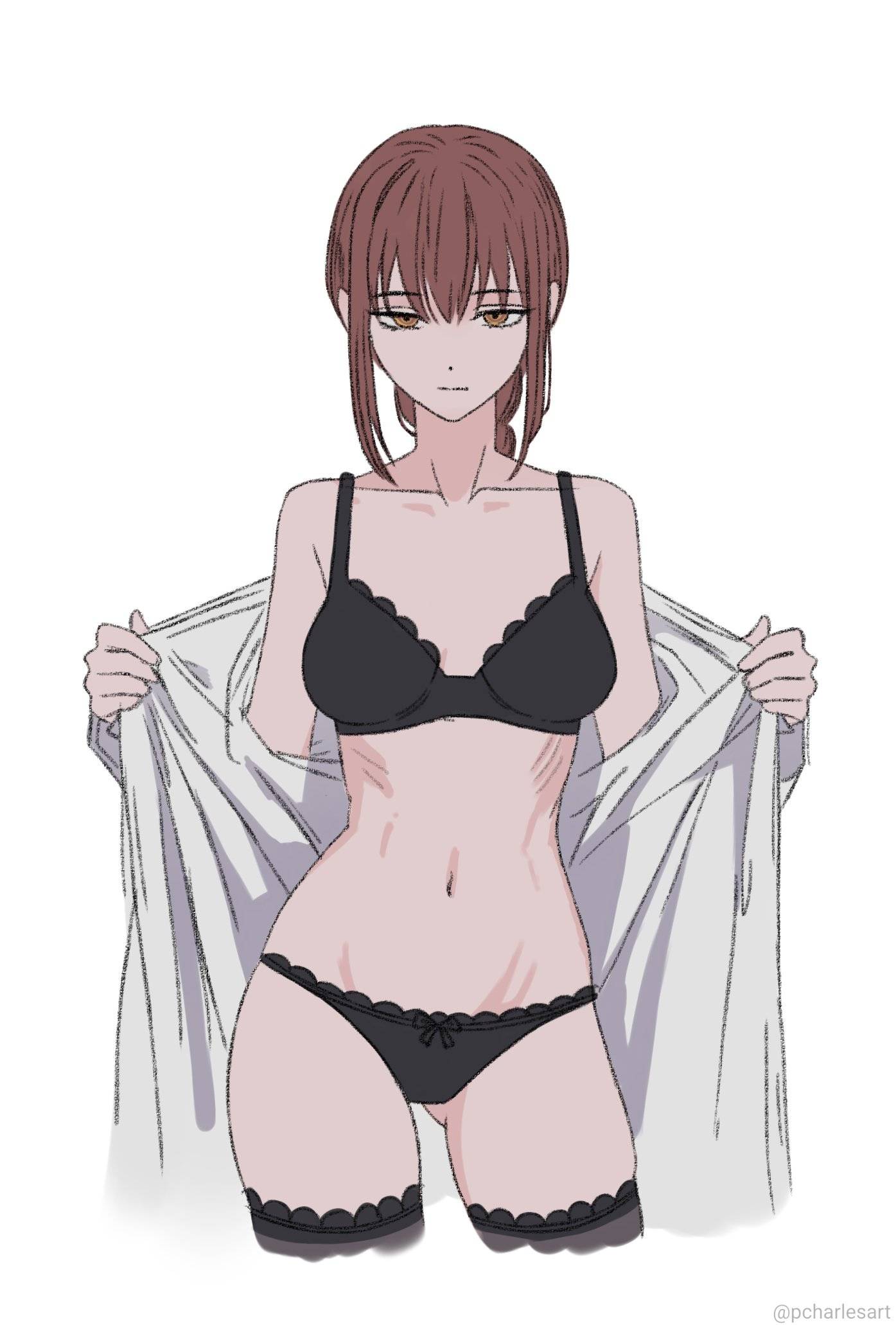 1girls, 2d, 2d (artwork), 2d artwork, adult, adult female, almost naked, almost nude, alternate body type, alternate breast size, alternate breast size (smaller), alternative breast size, anime, anime character, ass visible from the front, ass visible through thighs, average breasts, background, bare belly, bare chest, bare hands, bare hips, bare legs, bare midriff, bare navel, bare shoulders, bare skin, bare thighs, belly, belly button, black bra, black legwear, black lingerie, black panties, black stockings, black thigh highs, black thighhighs, black underwear, blank background, blank expression, blank eyes, blank stare, bored, bored expression, bra, braid, braided hair, braided ponytail, breasts, breasts apart, busty, busty female, chainsaw man, charlesart, collarbone, curvaceous, curvaceous body, curvaceous female, curvaceous figure, curvaceous hips, curvy, curvy body, curvy female, curvy figure, curvy hips, digital, digital art, digital drawing, digital drawing (artwork), digital media, digital media (artwork), drawing, emotionless, exposed, exposed belly, exposed chest, exposed hips, exposed legs, exposed midriff, exposed navel, exposed shoulders, exposed skin, exposed thighs, exposing, exposing breasts, exposing chest, exposing self, eye-level view, eyebrows visible through hair, fanart, female, female focus, female only, fingers, frilled bra, frilled panties, frilled underwear, from front, front view, groin, hair between eyes, hi res, high res, high resolution, highres, hourglass figure, inaccurate proportions, incorrect body type, inframammary fold, inguinal crease, inguinal ligament, knees out of frame, lean figure, legwear, lingerie, lingerie bra, lingerie only, lingerie panties, long hair, looking at viewer, makima (chainsaw man), manga character, mappa, matching underwear, mature, mature female, medium breasts, midriff, monotone background, mostly nude, naked, naked female, naked shirt, naked woman, narrow waist, navel, nearly nude, neutral expression, nude, nude female, nudity, one color background, open clothes, open clothing, open shirt, open topwear, panties, plain background, ponytail, portrait, practically nude, presenting breasts, red hair, red-haired female, revealing breasts, ribbon panties, ribcage, ribs, ring eyes, ringed eyes, shirt, shonen jump, shoulders, showing breasts, showing chest, shueisha, sidelocks, skinny, skinny female, skinny girl, skinny waist, slender body, slender waist, slim female, slim waist, small waist, solid color background, solo, standing, stockings, thigh gap, thigh highs, thighhighs, thighs, thin female, thin waist, top view, unbuttoned, unbuttoned shirt, underwear, undressing, undressing self, upper body, voluptuous, voluptuous body, voluptuous female, voluptuous figure, voluptuous woman, weekly shonen jump, white background, white shirt, white topwear, wide hips, yellow eyes, yellow-eyed female